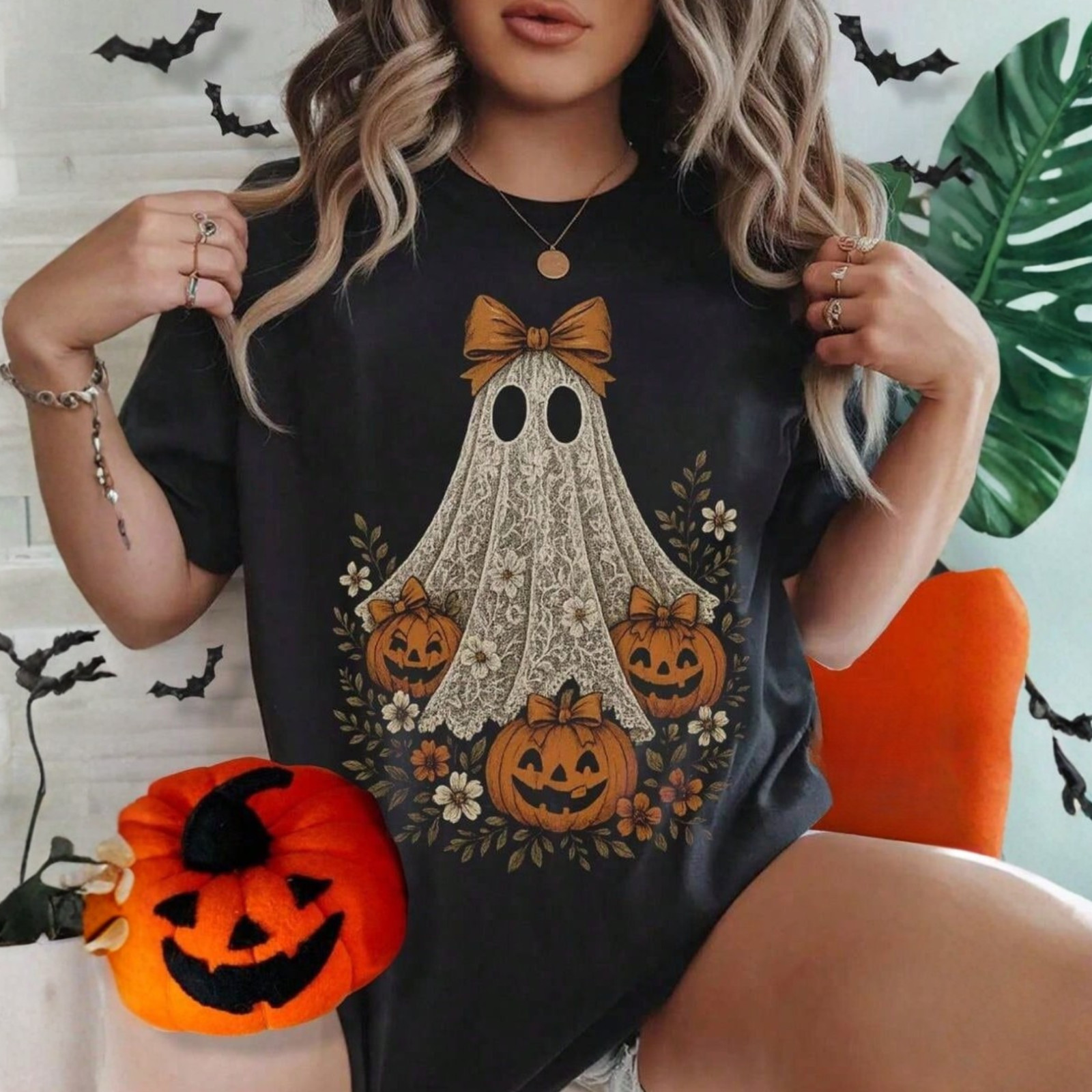Womens Halloween Cute Lace Ghost Pumpkin Graphic T-Shirt 100% Cotton Tee Top US