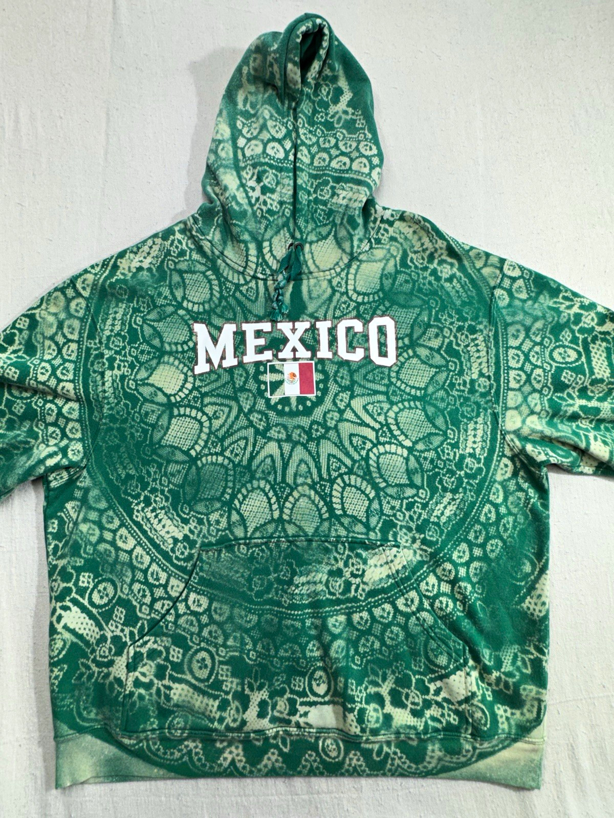 Mexico Hoodie Mens XXL 2XL Green Upcycled Bleach Dye Lace Pattern Sweatshirt