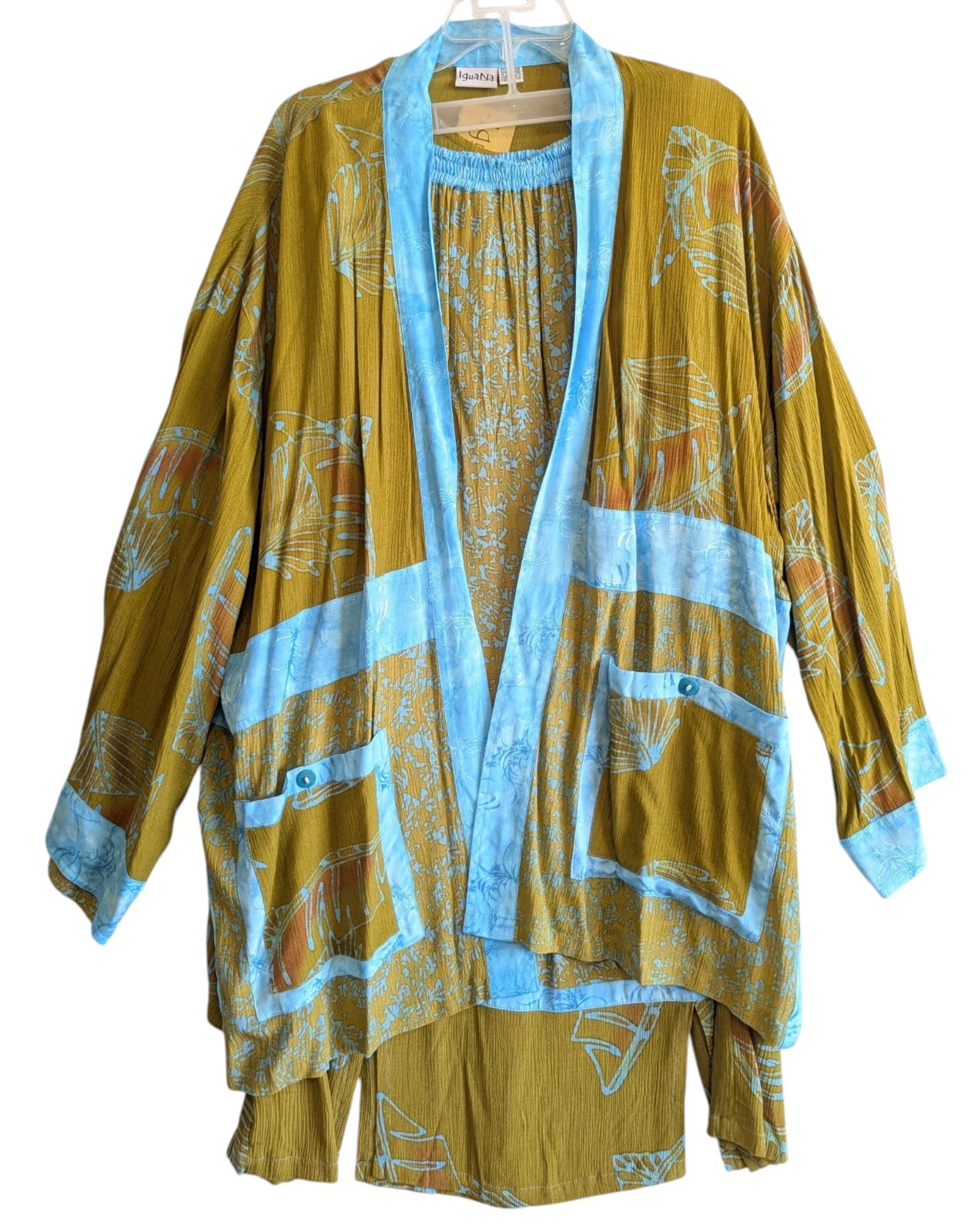 Vtg Iguana 3 Pc Kimono Jacket Skirt Tank Rayon Batik Olive Green Vacation Resort