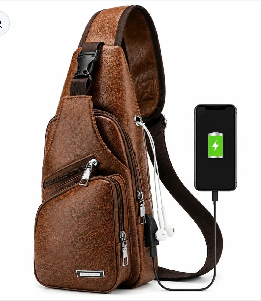 Men\'s Brown Sling Bag Crossbody Shoulder Chest Backpack USB Port Travel Casual