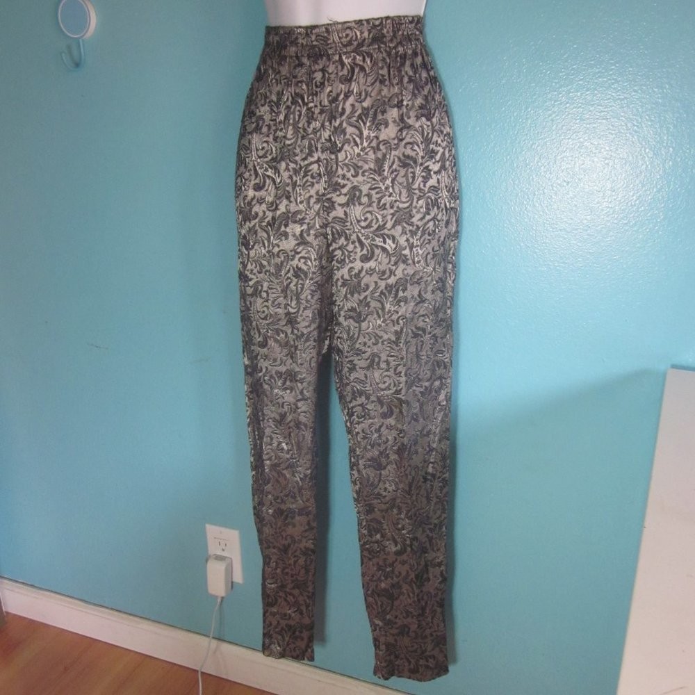 Vintage Judy Knapp Silver Black Floral Brocade Pants S High Rise Slim Coquette