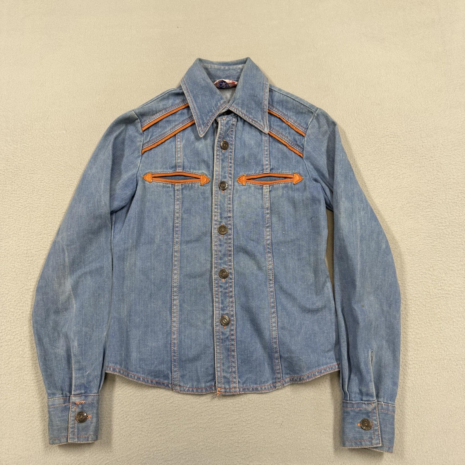 Vintage Faded Glory Jacket Womens XS Blue Denim Western Shirt Orange Trim snap