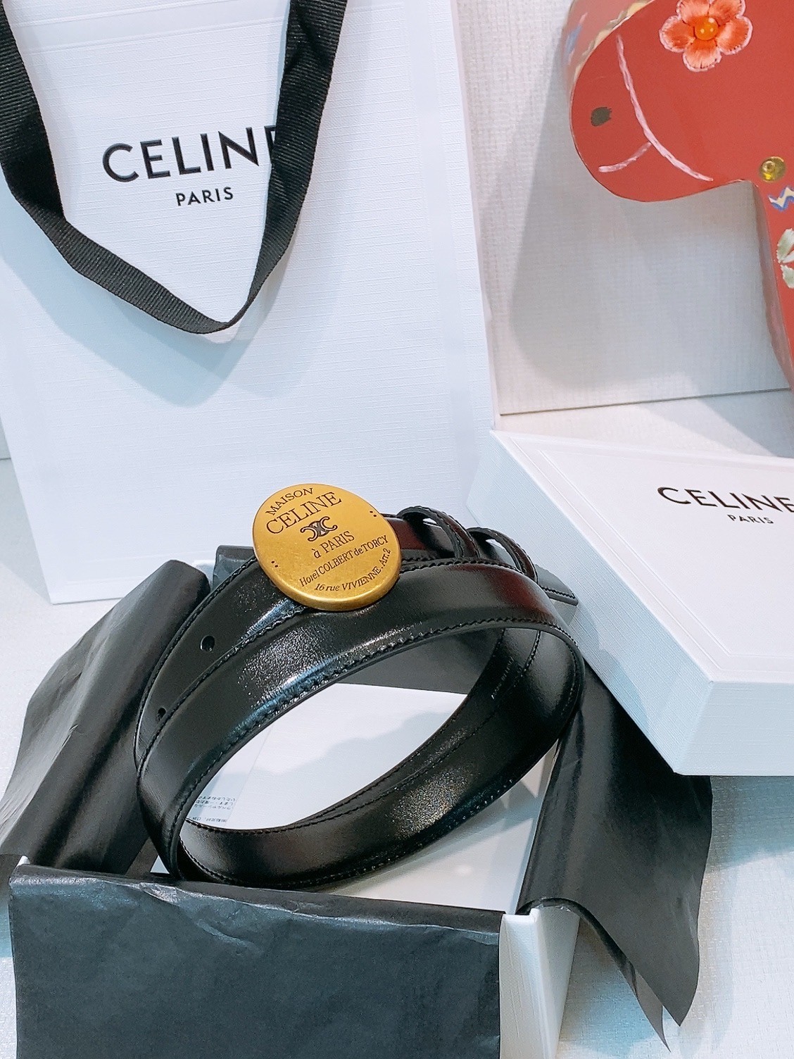 CELINE Black Leather Belt Gold Round Logo Buckle Men\'s Luxury With Box.