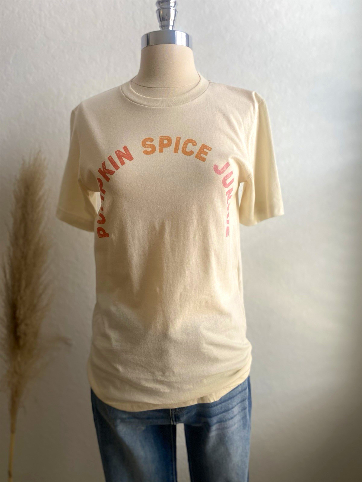 Pumpkin Spice Junkie Graphic Print T-Shirt, Beige, Crew Neck, Short Sleeve, S