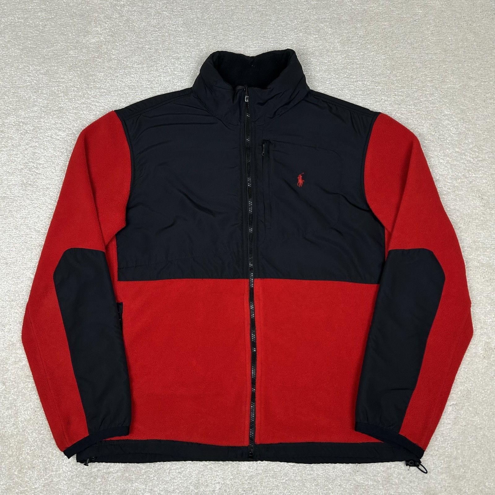 Vintage Polo Ralph Lauren Jacket Mens Large Red Black Polartec Fleece Hooded 90s