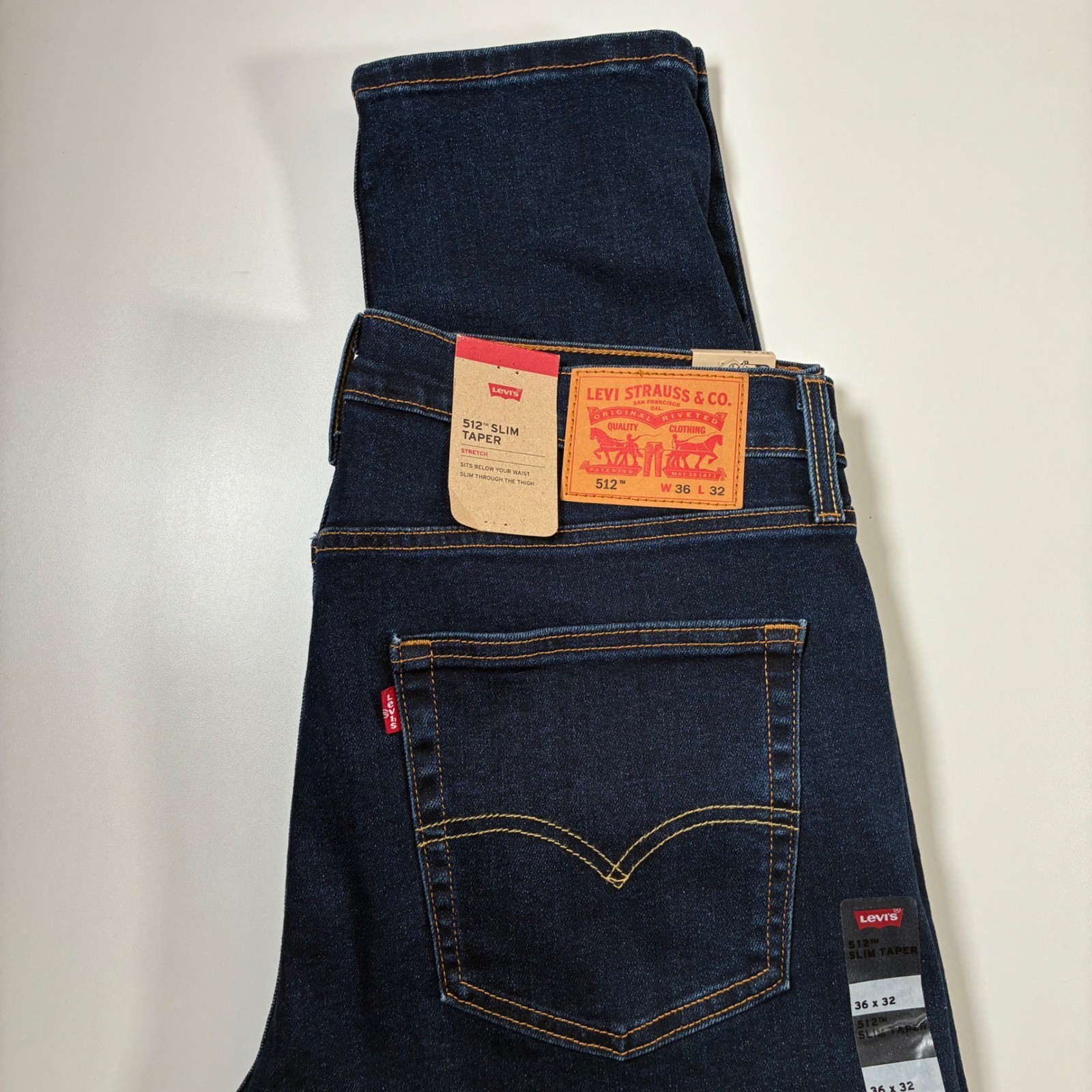 NEW Levi\'s 512 Slim Taper Jeans 36x32 Dark Indigo Blue Stretch Denim
