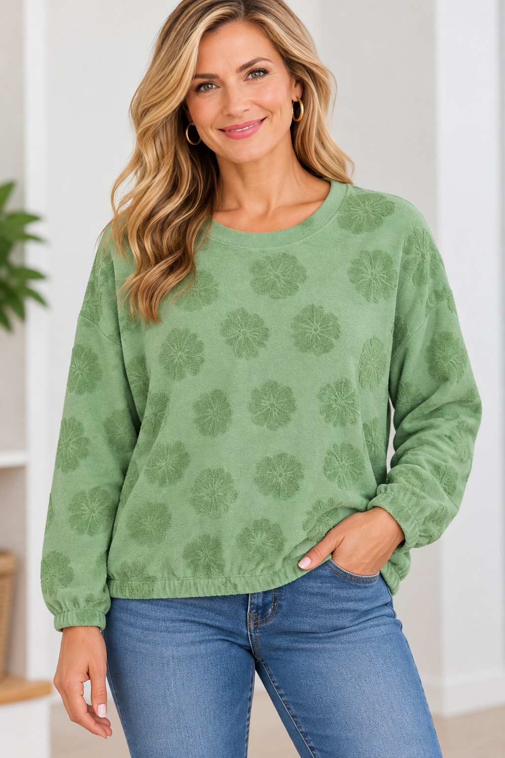 Anybody Size 1X Meadow Green Hibiscus Jacquard French Terry Top A648901 NWOT