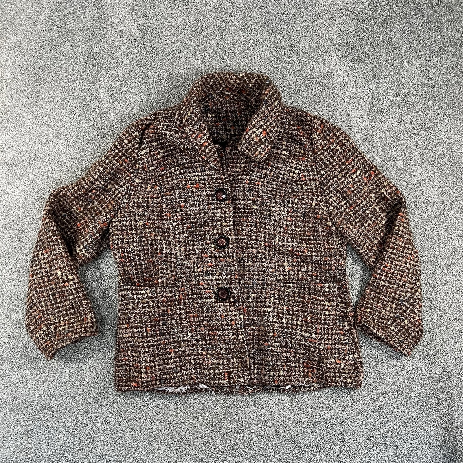Womens Brown Tweed Boucle Jacket Blazer Speckled Button Front Vintage Style L