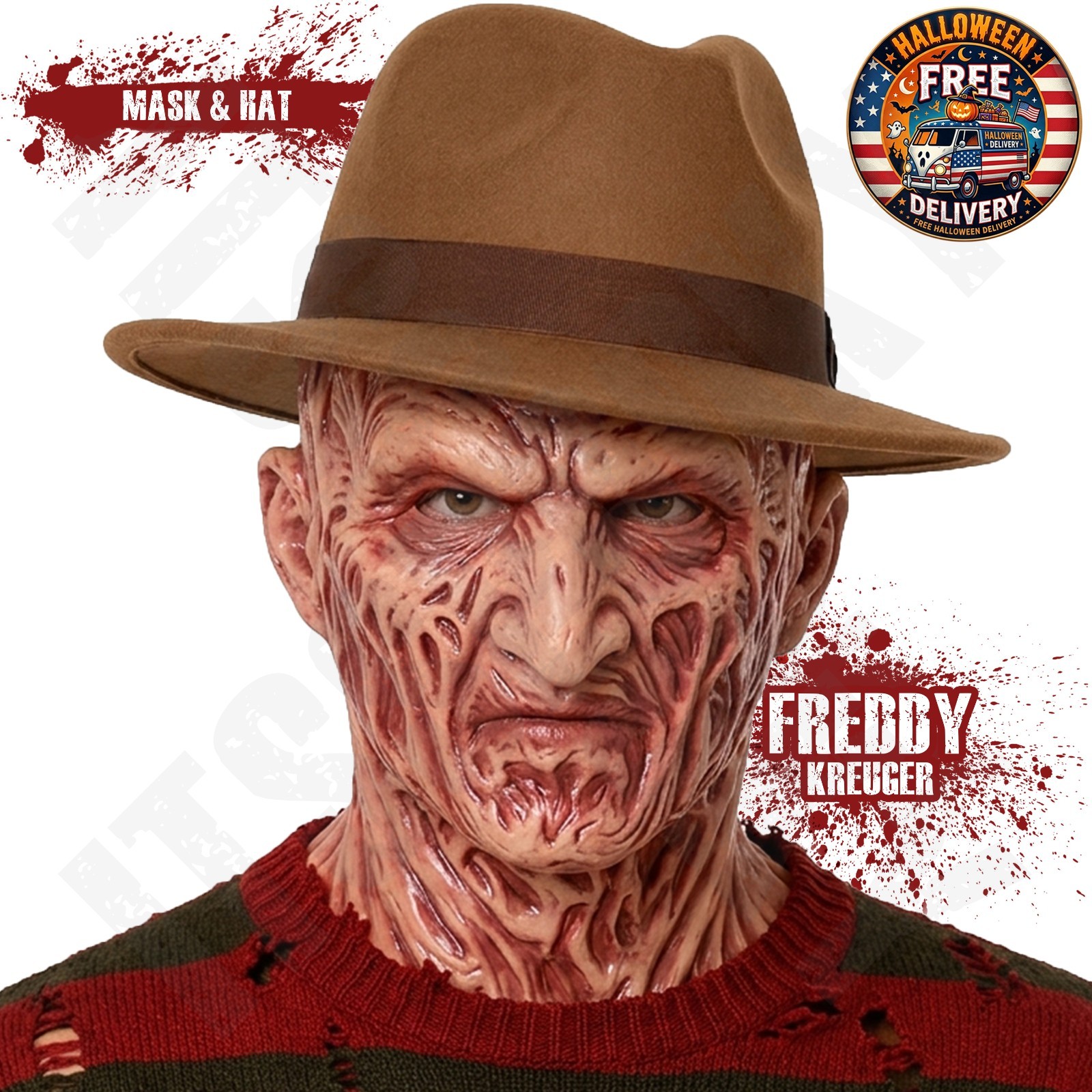 Adult Freddy Nightmare on ELM Street Latex Mask & Hat Halloween Costume 2pc Set