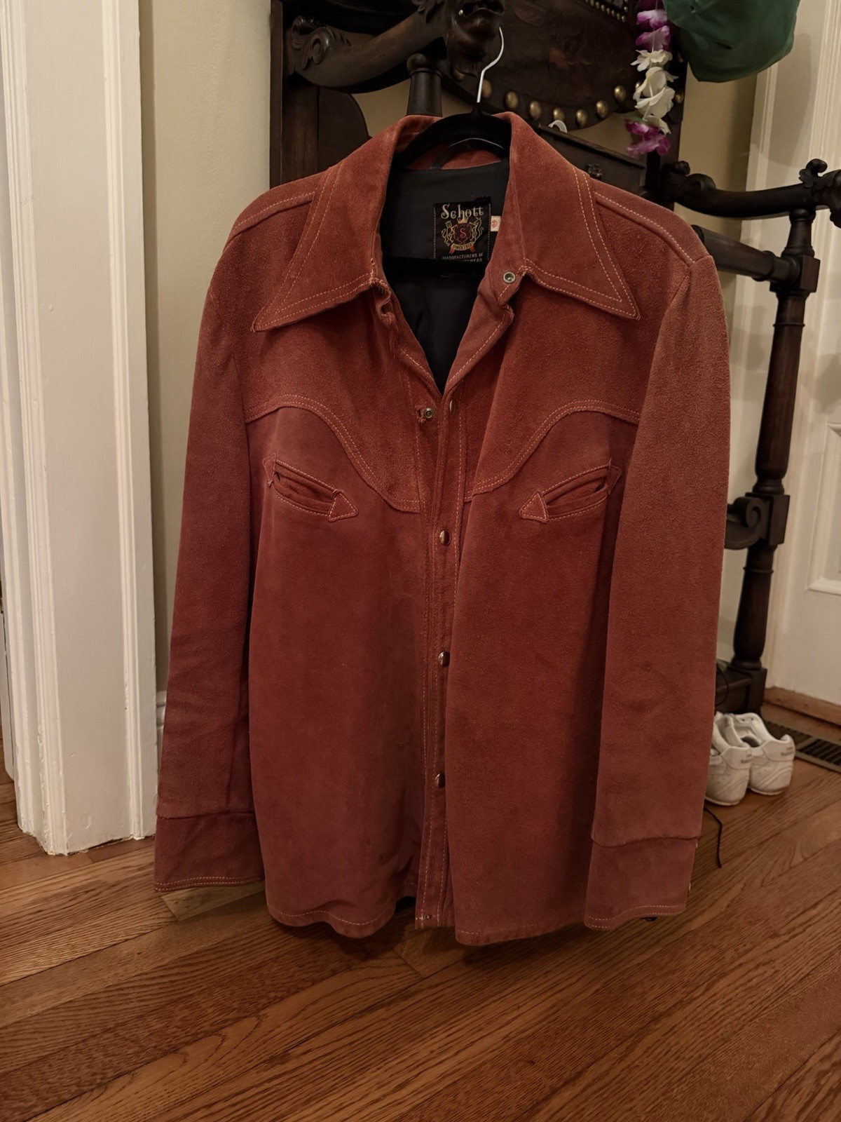 Vintage Schott Suede Leather Jacket Mens Large Red Toned Brown Pointed Collar