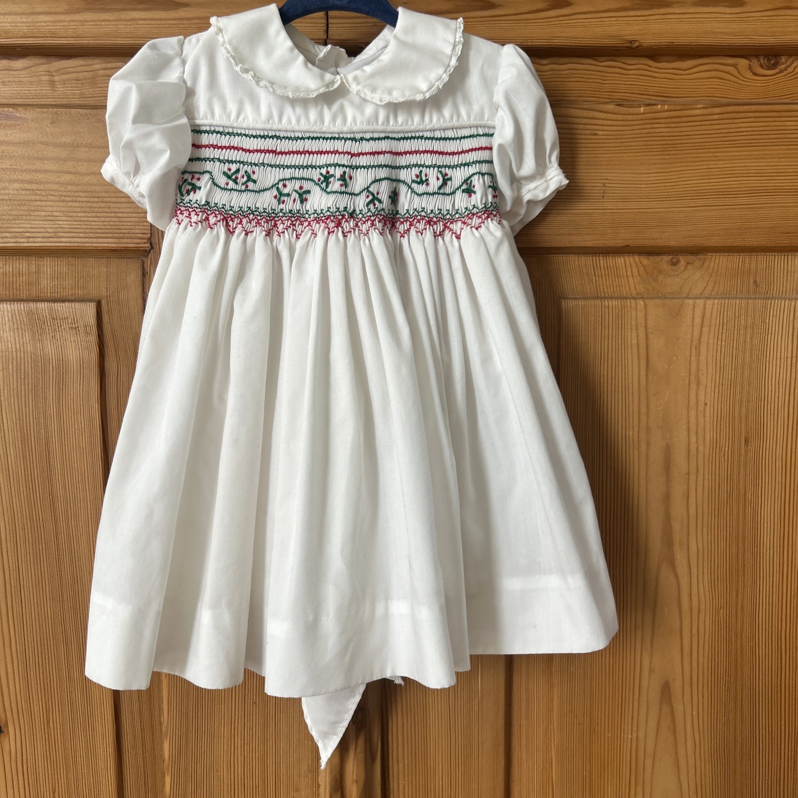 Vintage Hand Smocked Christmas Dress, White With Red/Green, 2 Back Buttons,Sash