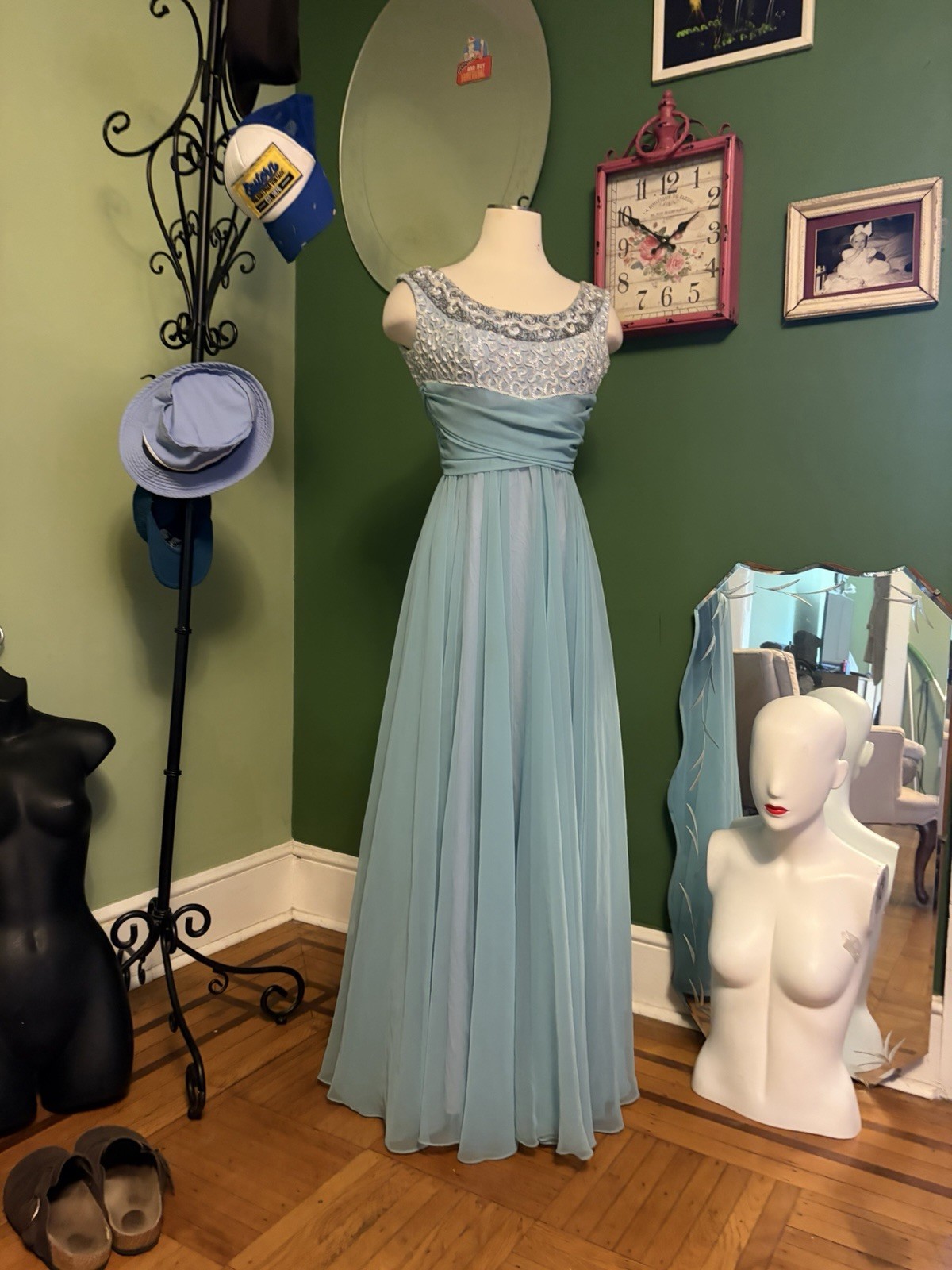 Vtg Mike Benet Formals Chiffon grecian Dress Gown Sequins 36 26 S 1960s 1970s