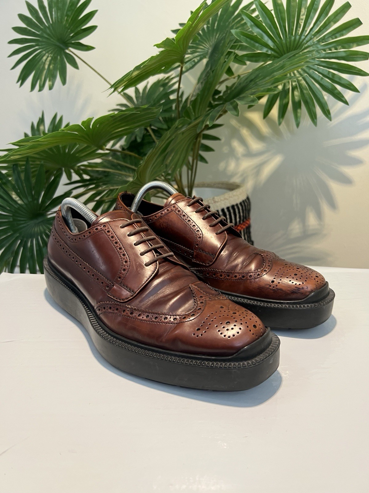 Prada Men Oxford Wingtip Platform Derby Burgundy Leather Brogue Lace Up US 8