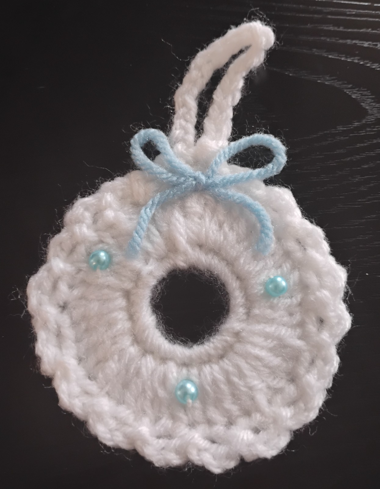 Crochet Ornament / Keychain Set of 12  White & Blue Beads/ Gift Tag