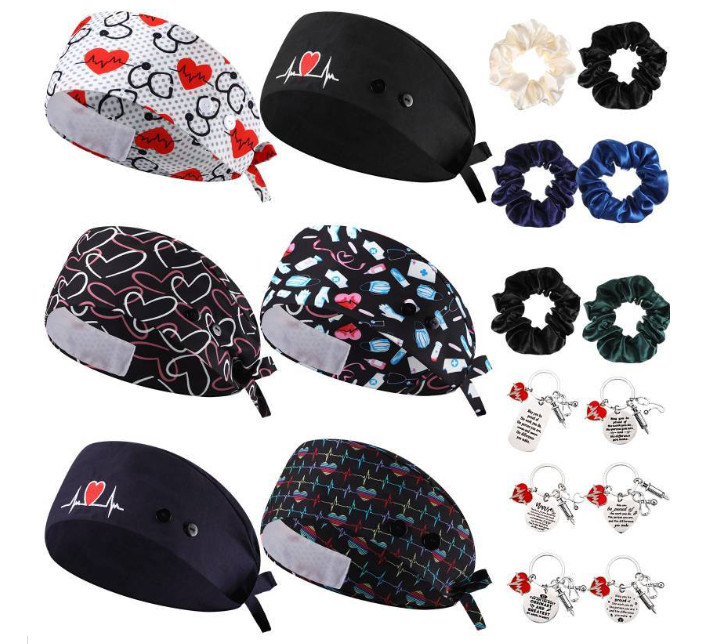 18 Pcs Nurses Appreciation Gifts Scrub Caps Keychain Scrunchies