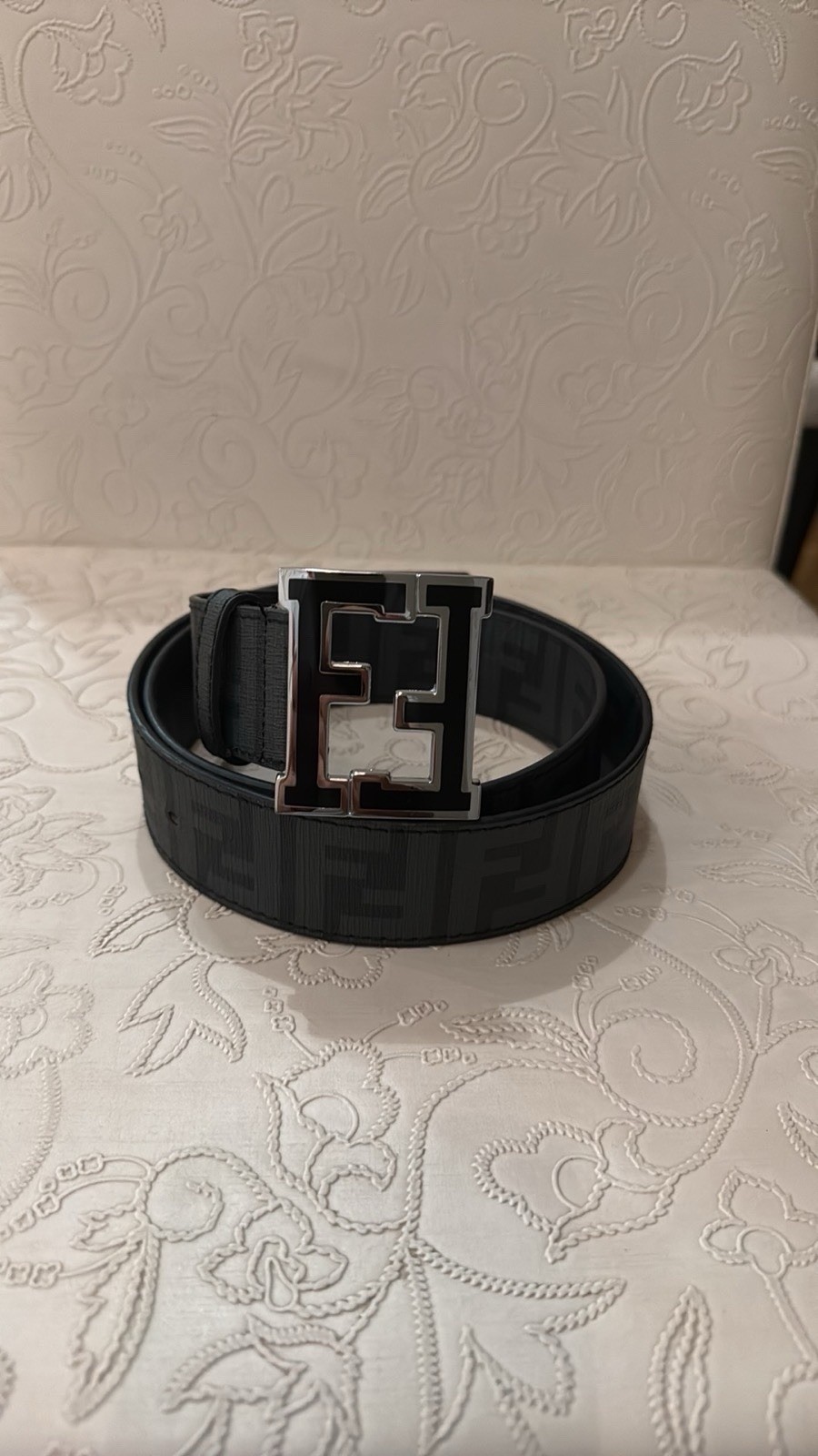 Fendi Zucca Belt Black/Gray, Size 38