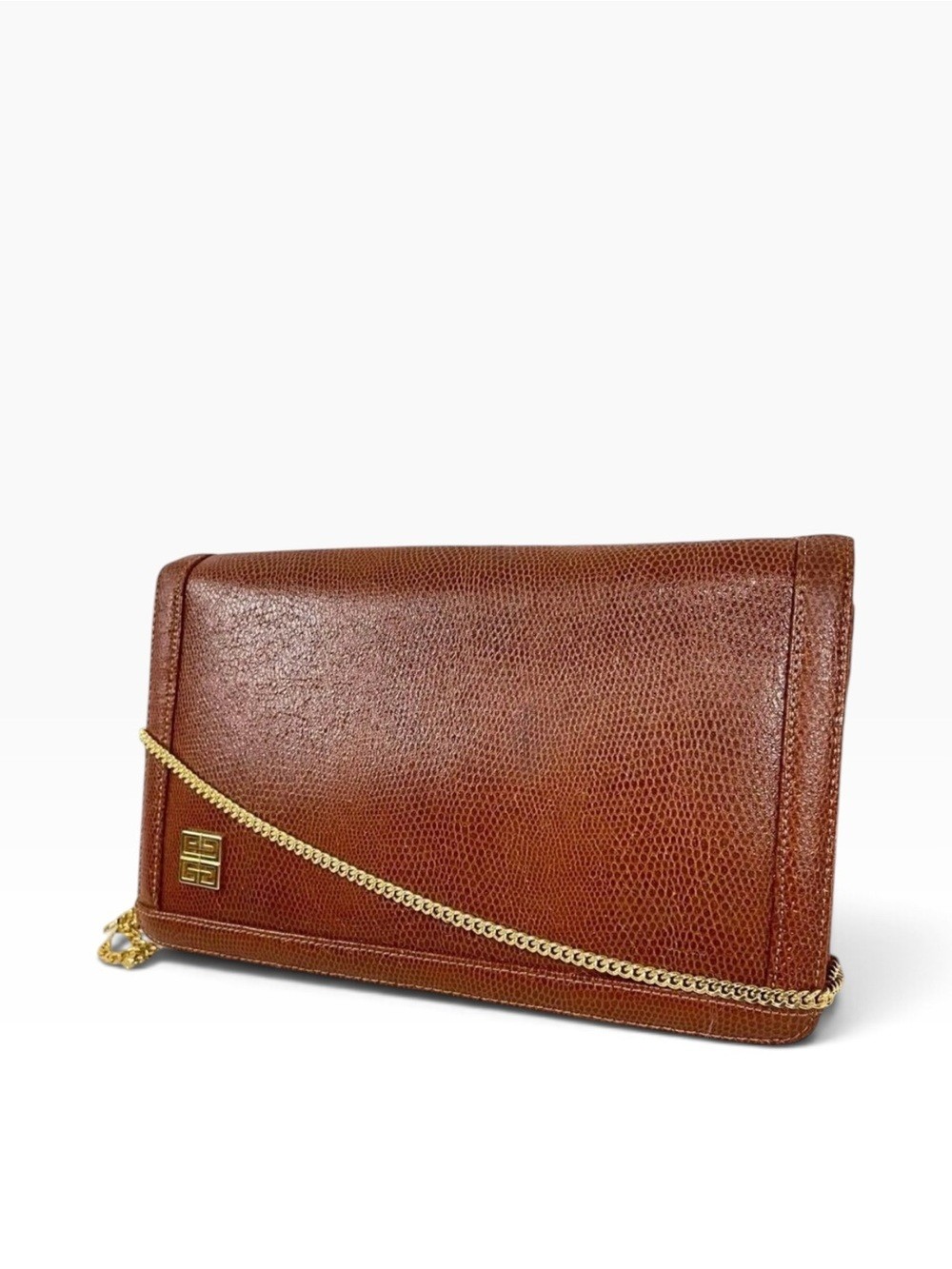 Vintage Givenchy 4G Lizard Embossed Leather Chain Shoulder Bag Clutch Brown