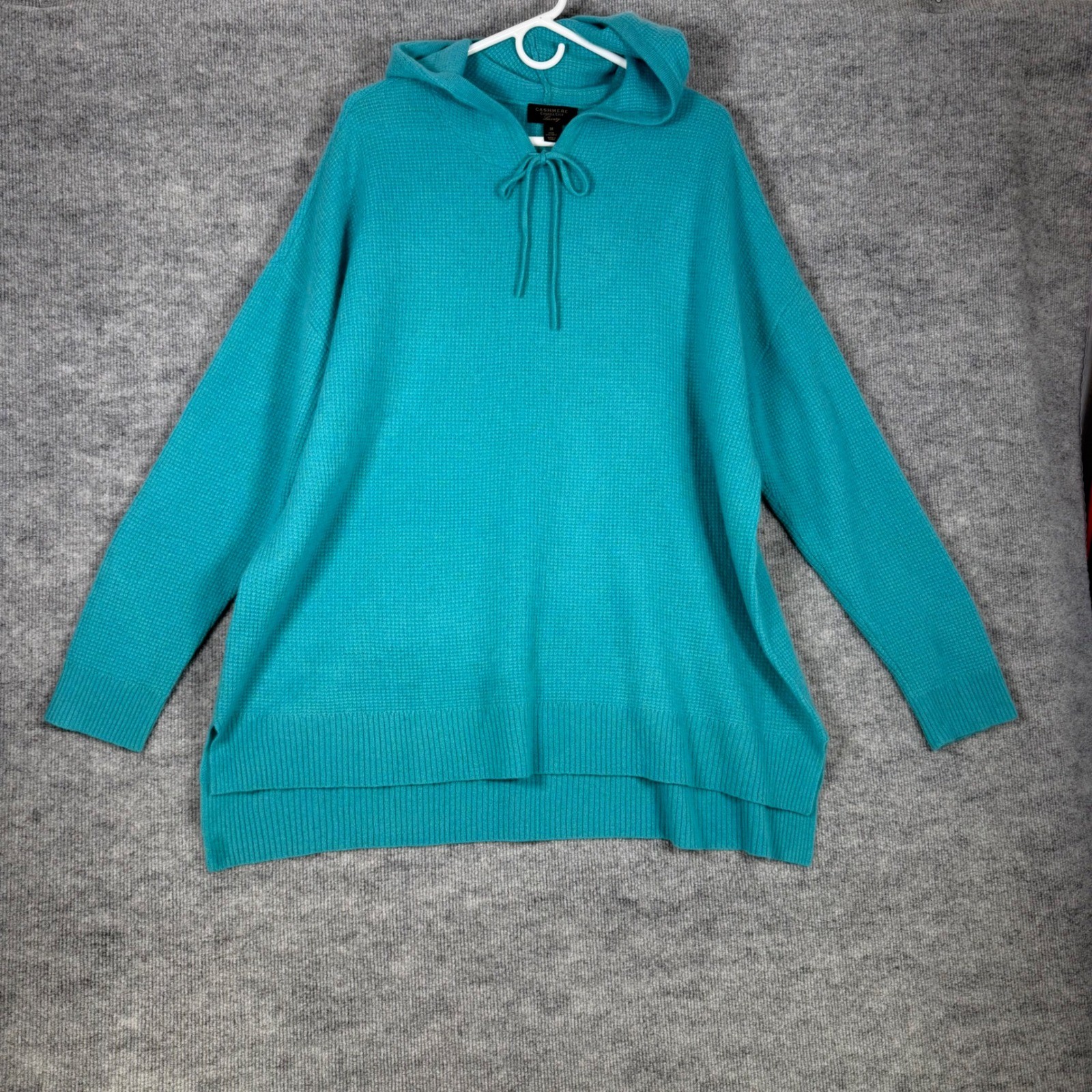 Charter Club Size-3X Sweater Luxury 100% Cashmere Hoodie Teal Blue Waffle Knit