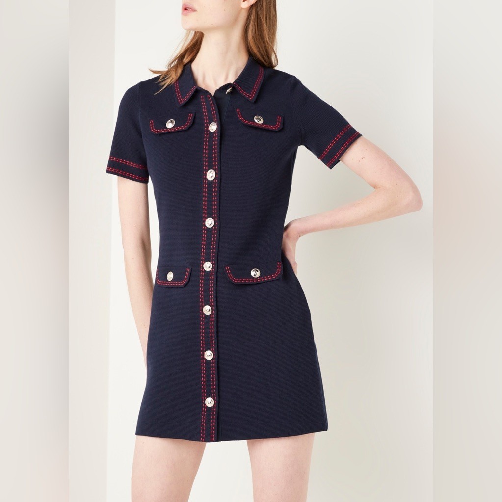 NWT Maje Rosie Contrast-Stitch Knit Shirtdress Mini Blue Cotton Women\'s Size 34