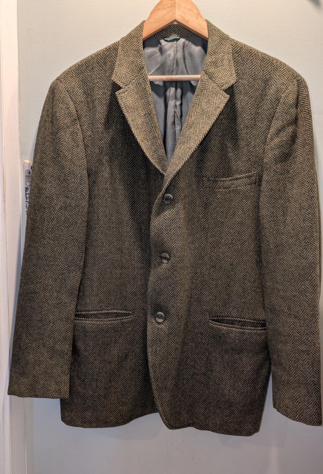 VTG Tweed Jacket Mens 48R Green Herringbone 3 Button Slim Fit Wool Blazer Jacket