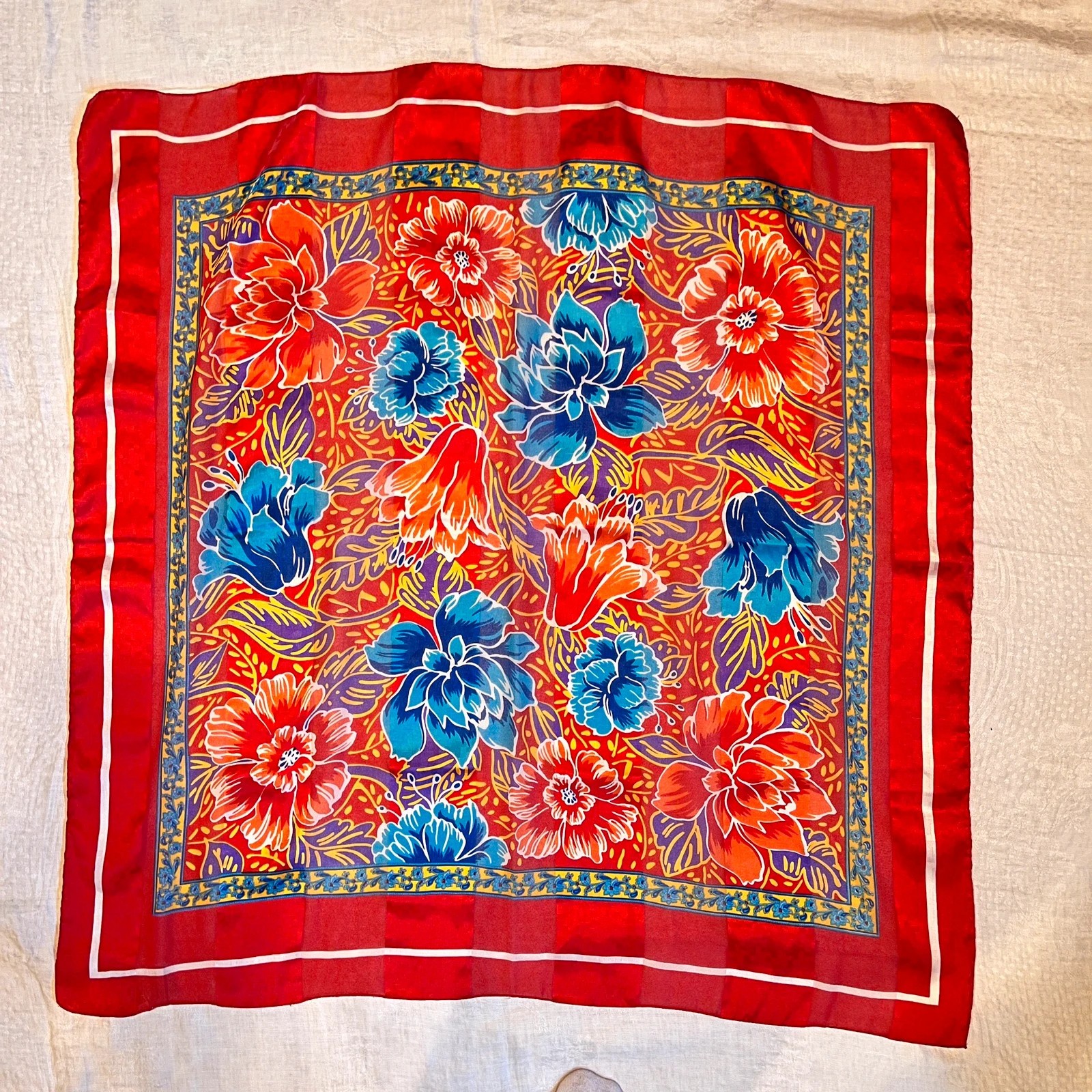 Vintage Nordstrom Scarf Made in Italy Red Blue Orange Floral Square Polyester