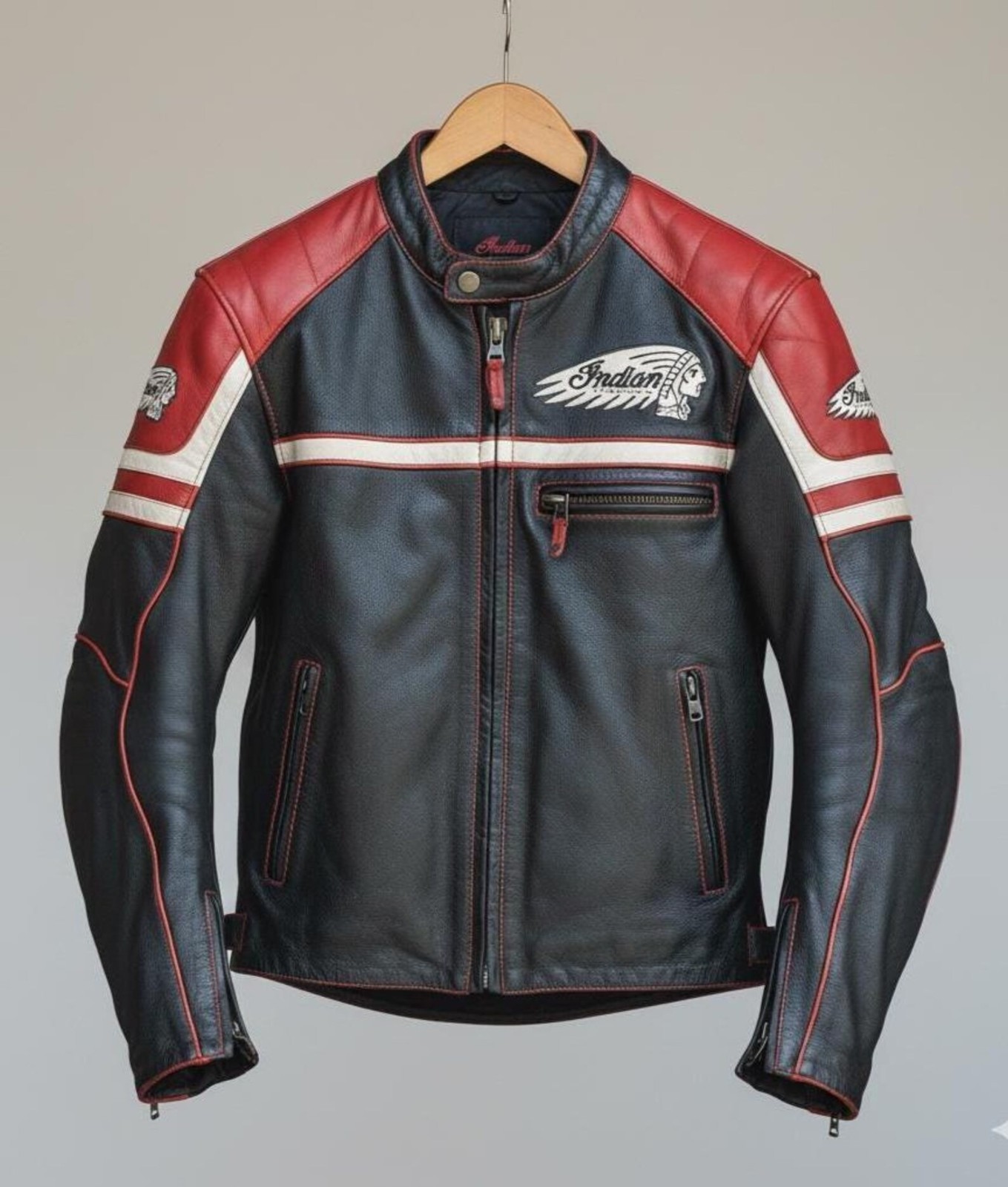 Men\'s Indian Motorcycle Black Red Genuine Cowhide Leather Jacket Cafe Racer Bike
