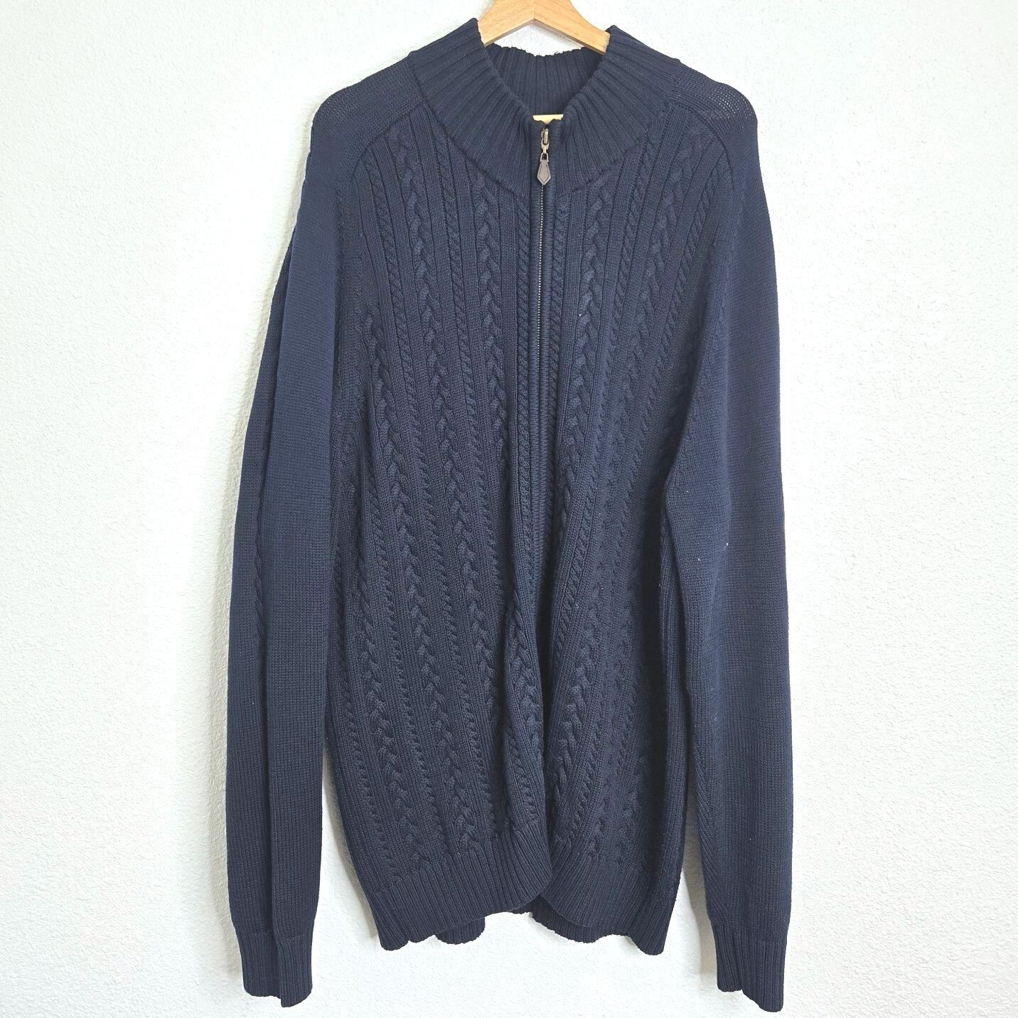 Brooks Brothers Cable Knit Full Zip Sweater 2X Navy 100% Cotton Grunge Old Money