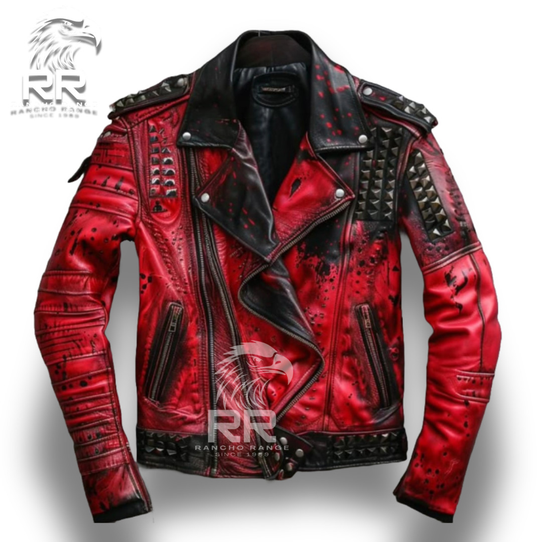 Men\'s Handmade & Hand Painted Punk Spiked Studded Patches Style Leather Jacket