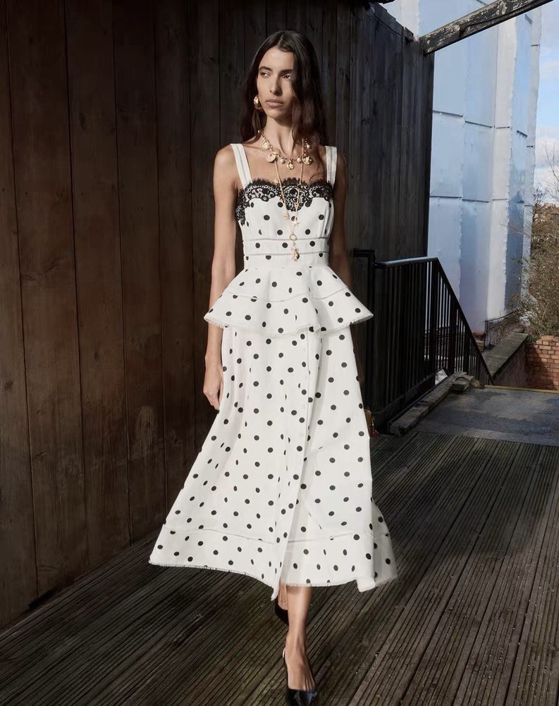 self portrait WHITE POLKA DOT LINEN MIDI DRESS $ 685 Size US 4 UK 8