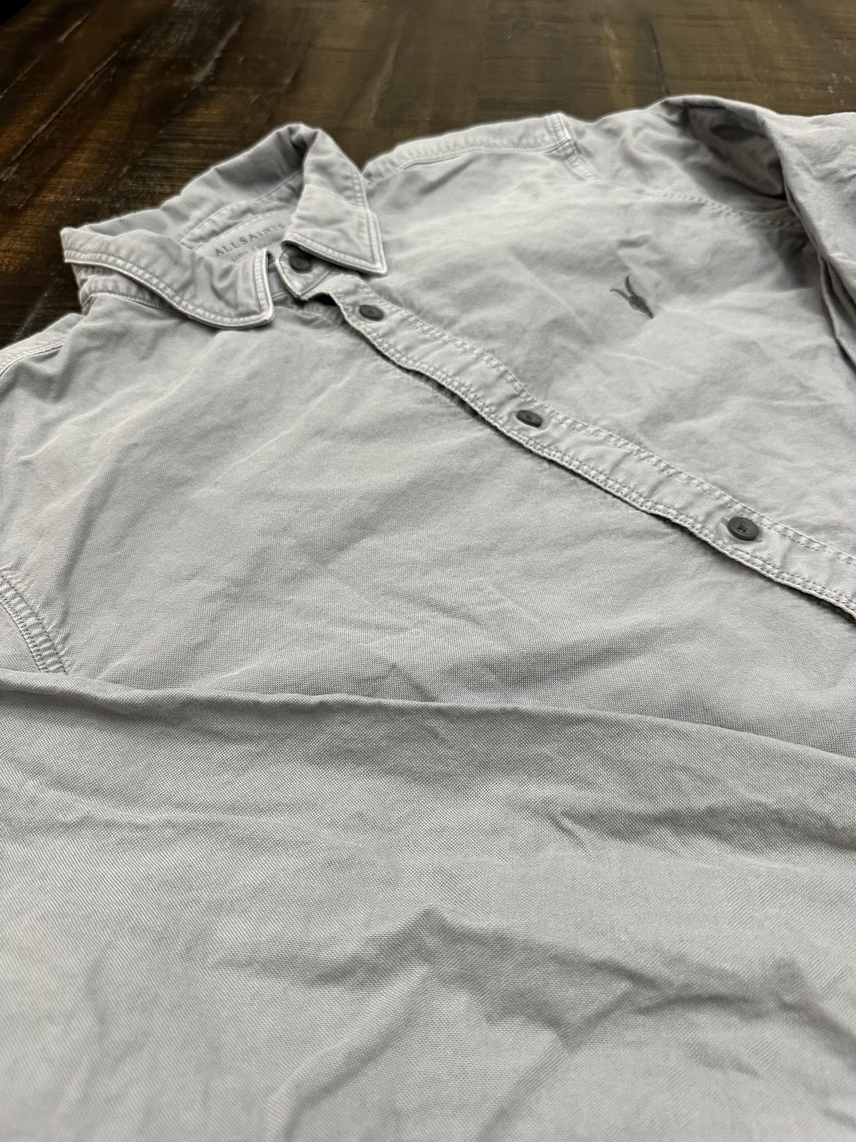 AllSaints Mens Gray Solid Long Sleeve Button Up Cotton Logo Shirt Large