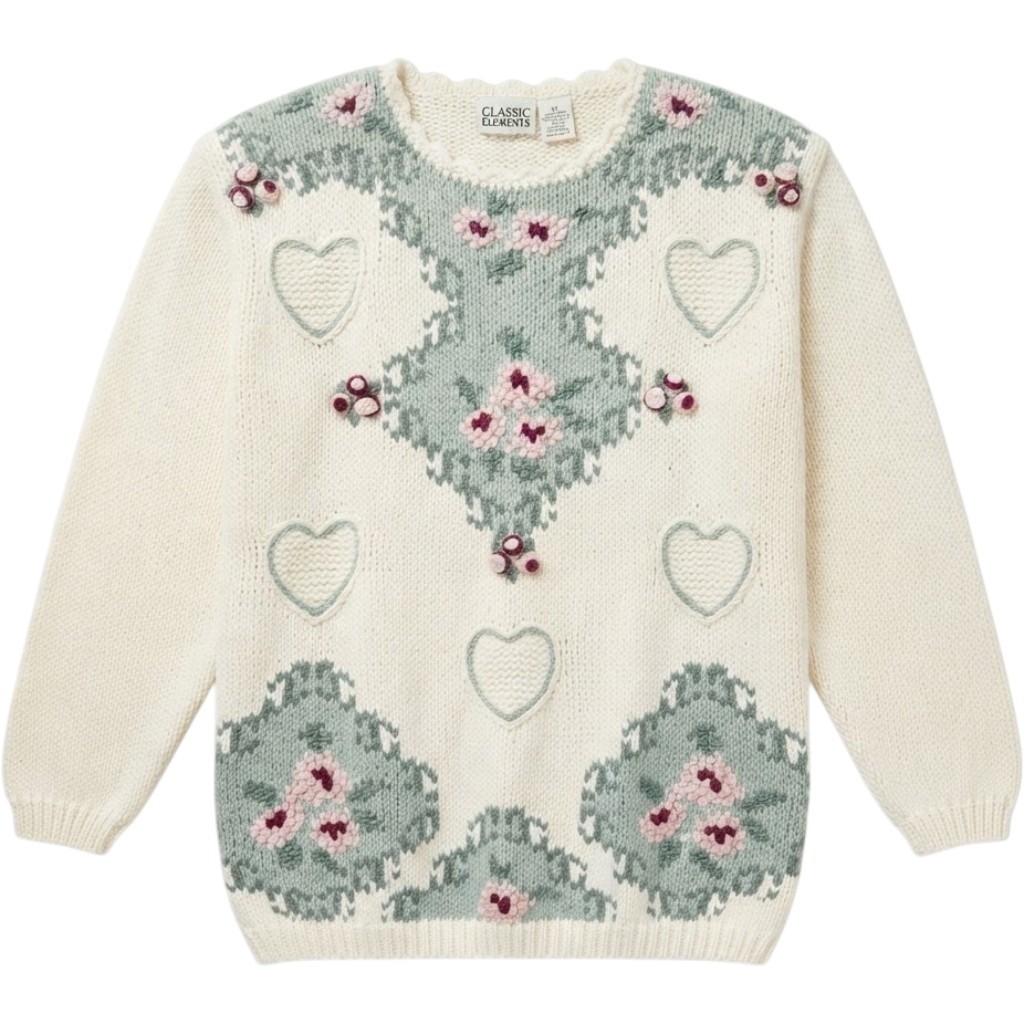 Classic Elements Vintage Hand Knitted Floral Heart Sweater Cream Green Medium