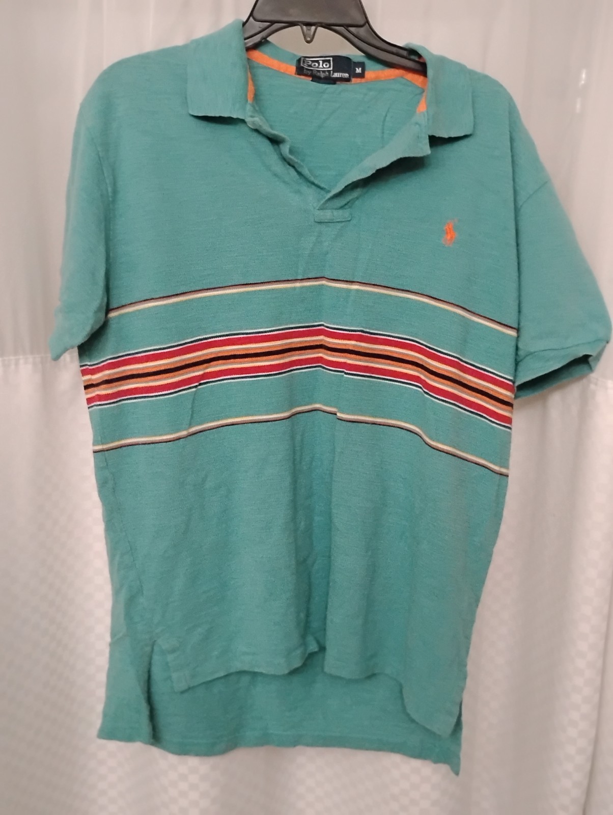 Vintage 90s Polo Ralph Lauren Striped Polo Shirt Mens Medium Teal Green Slub