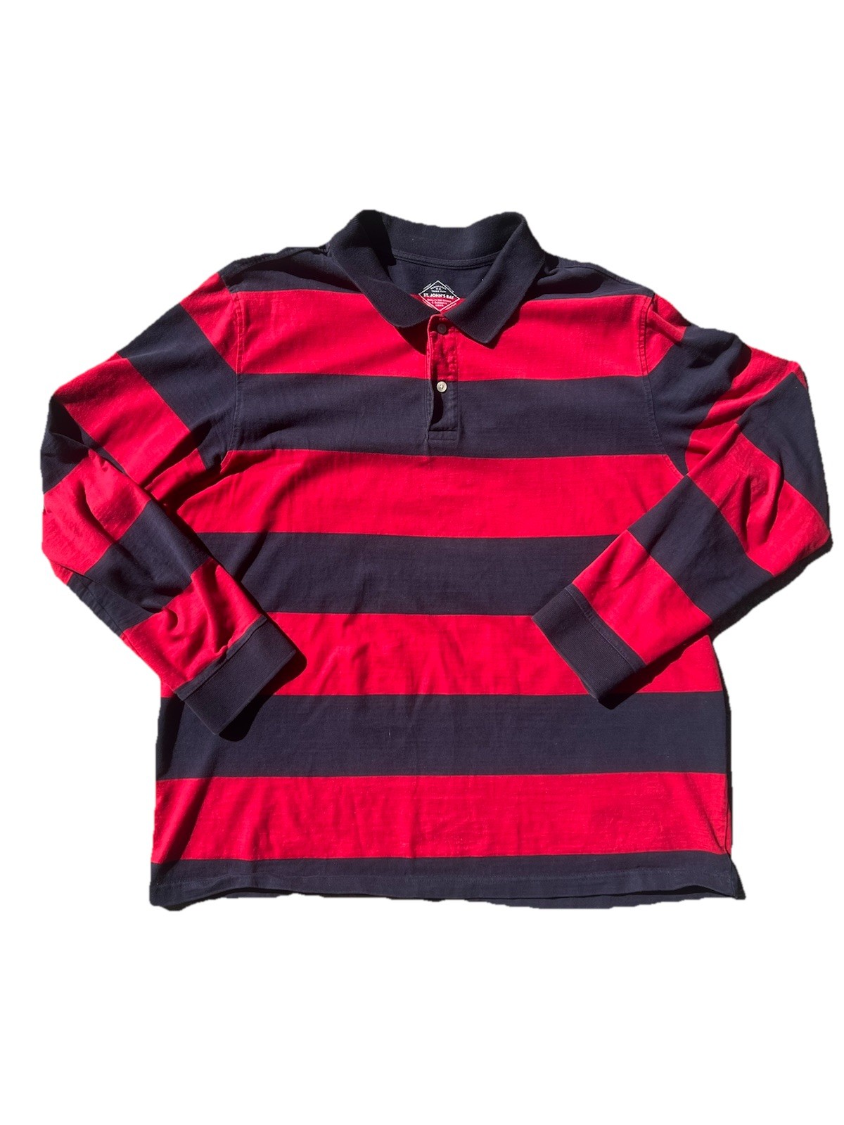 St. John\'s Bay Legacy Polo Men\'s XL Red/Navy Striped Long Sleeve Cotton