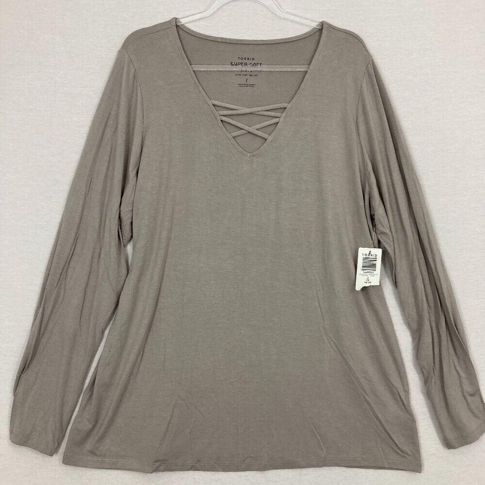 New Torrid Gray Super Soft Knit Lace Front Long Sleeve Pullover Top 2X