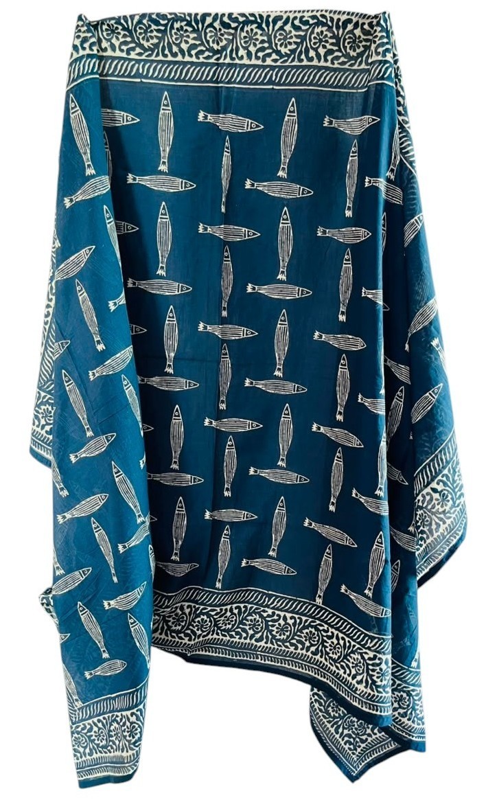 Indigo Fish Handblock Print Cotton Beach Coverup Pareo Sarong for Women
