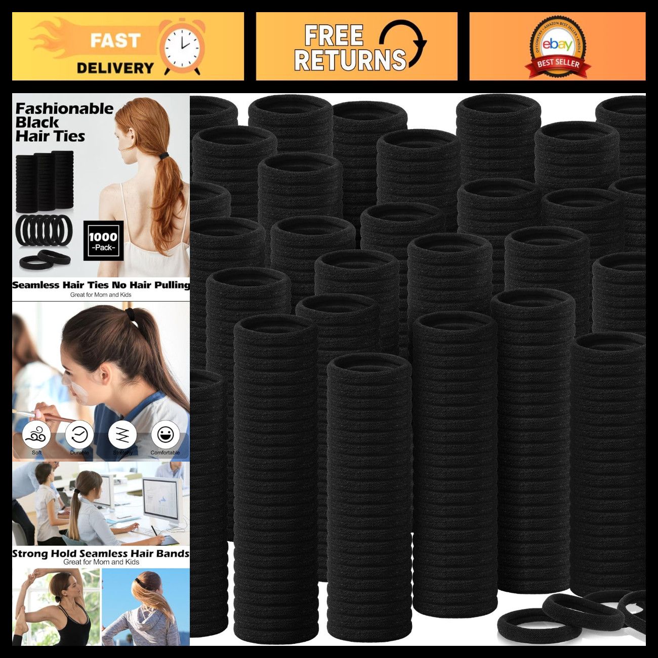 1000pcs Cotton Seamless Hair Ties - Bulk Elastic Bands for Women, Black Hair Acc
