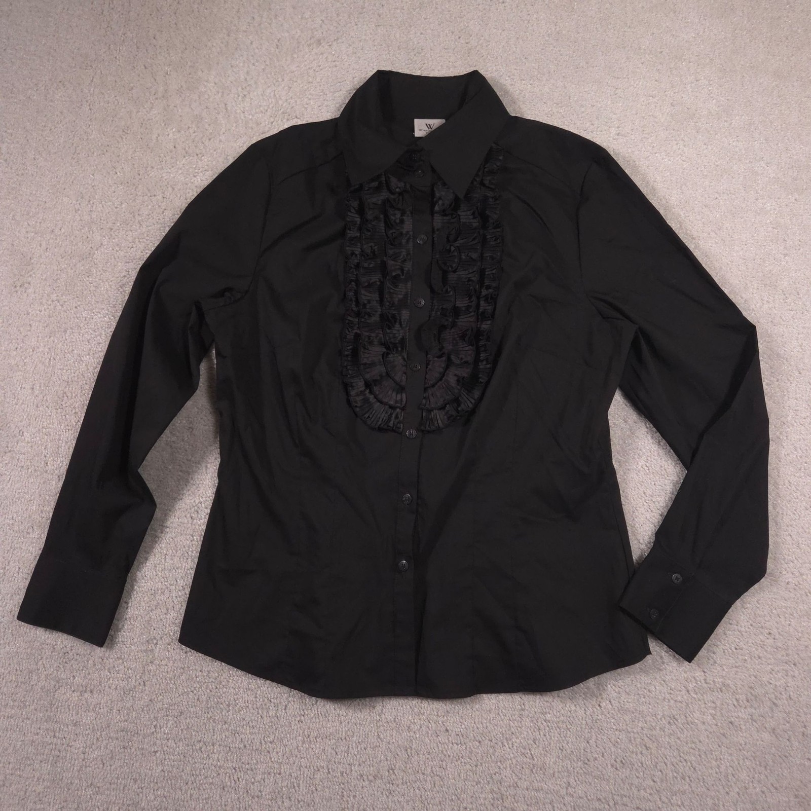 Worthington Blouse Womens L Black Stretch Ruffle Front Button Up Long Sleeve