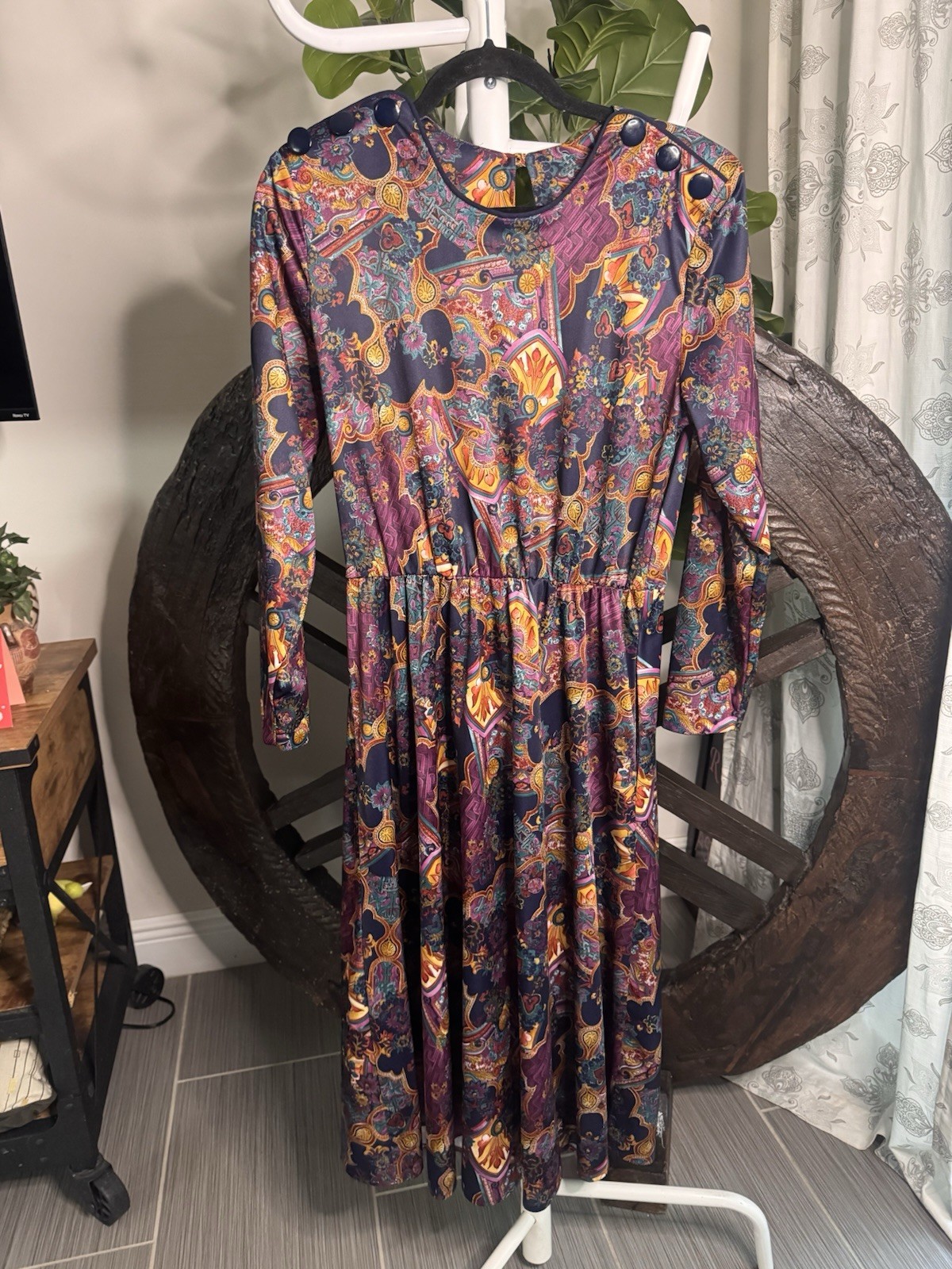 VTG 80s Bedford Fair Paisley Midi Dress Button Shoulder Purple USA S Long Sleeve
