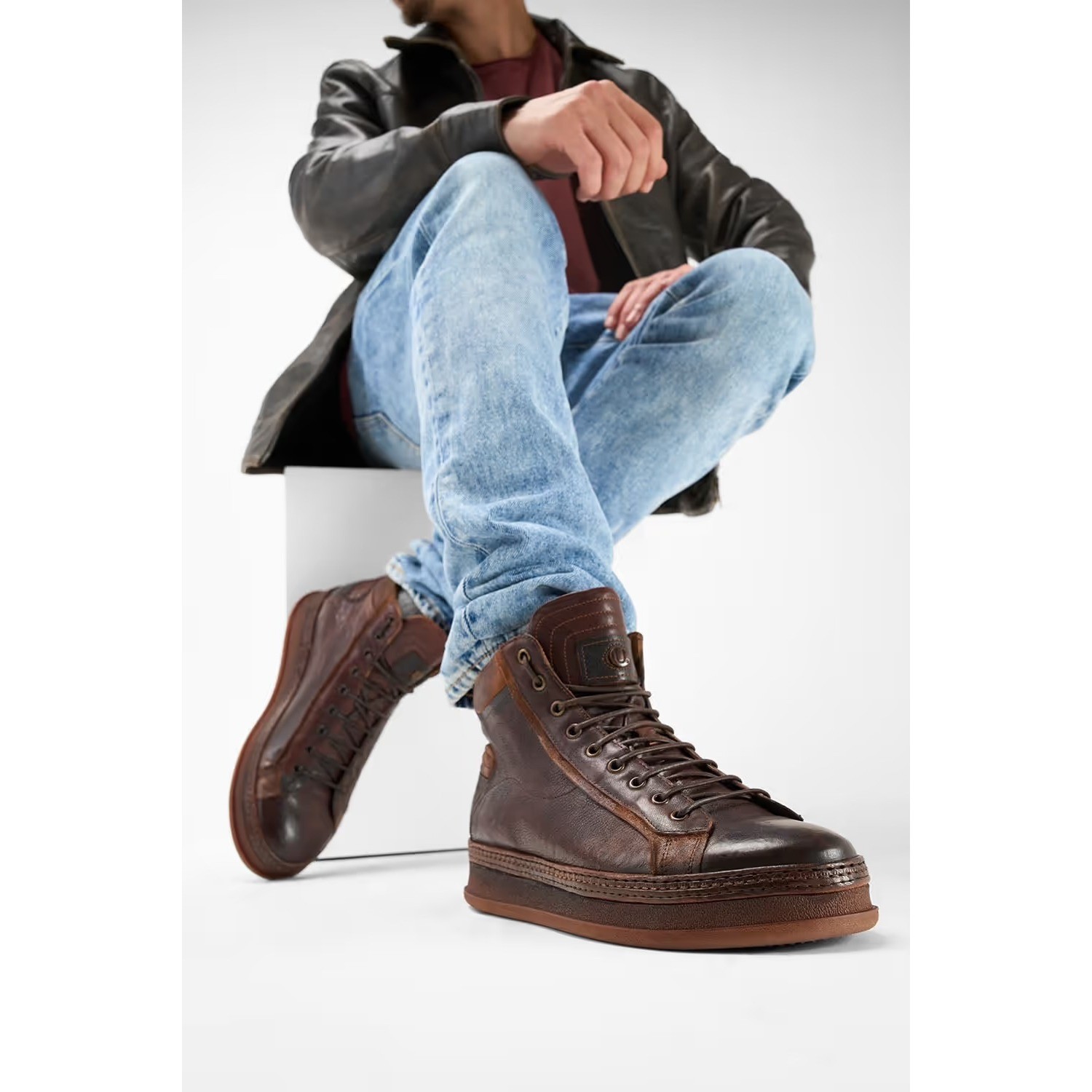 Untamed Street Cole Cognac Welted Distressed Leather High Top Sneakers Men 44