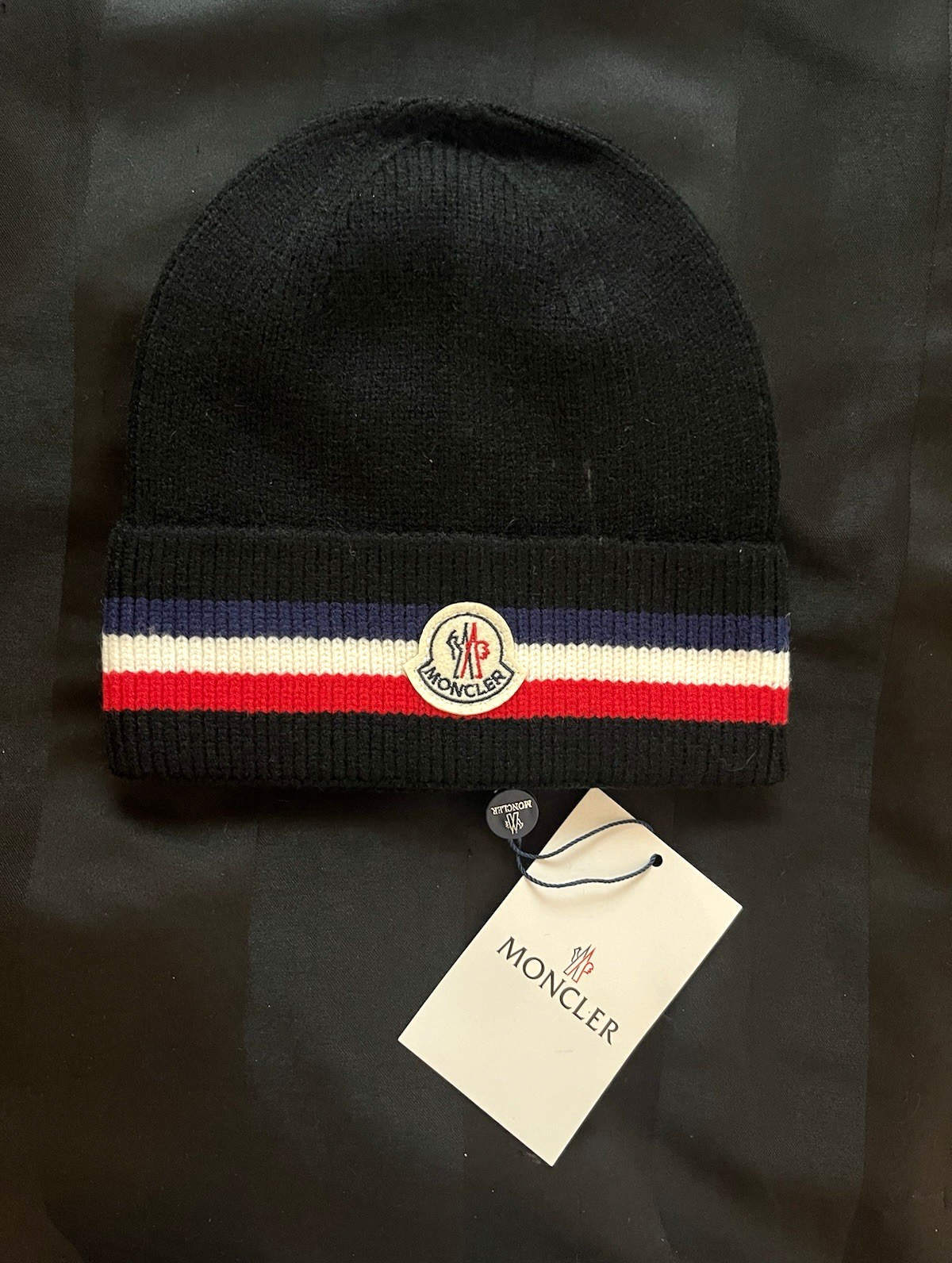 Moncler Black Wool Knit Beanie Hat Striped Cuff Logo Patch One Size
