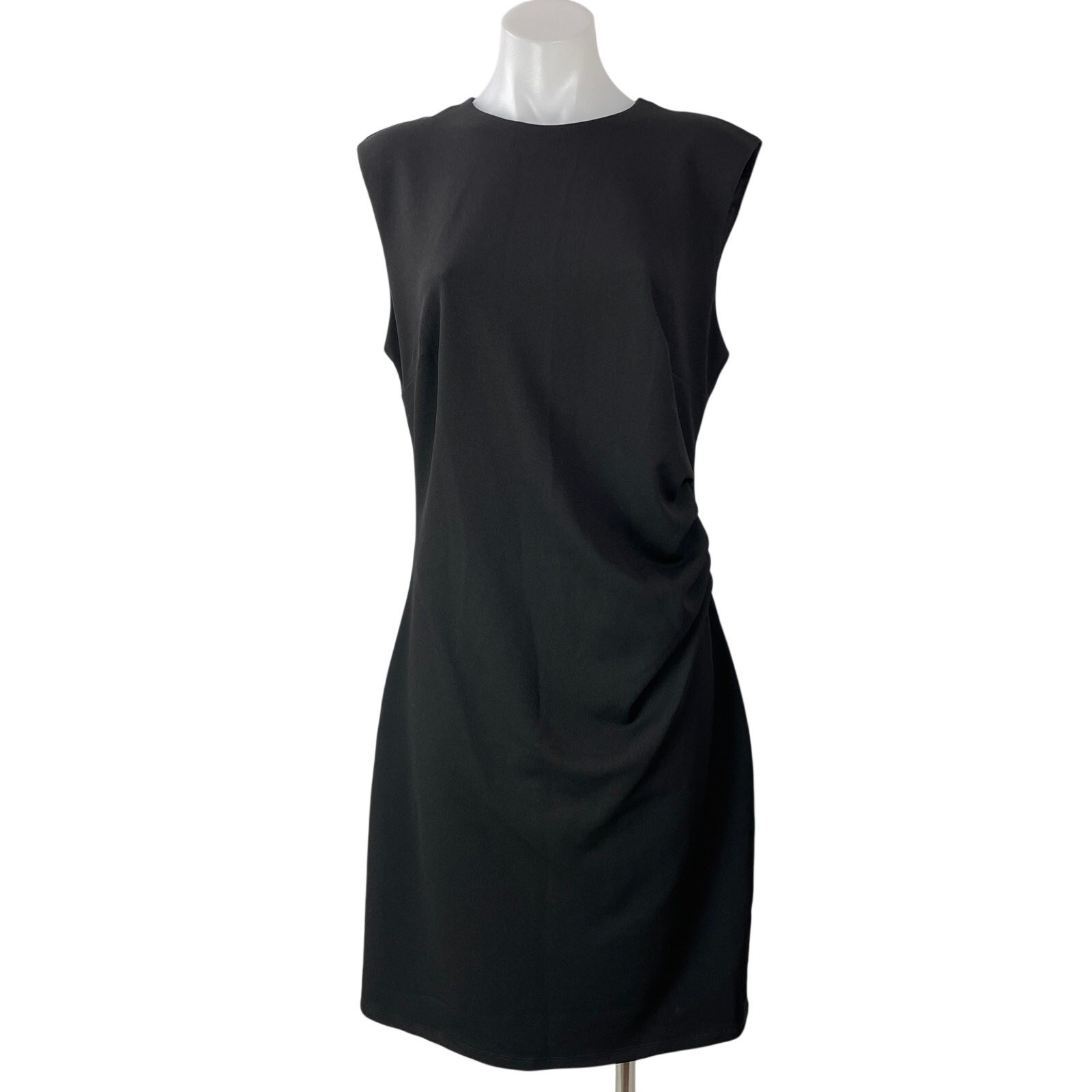NEW H&M Women\'s Black Sleeveless Ruched Stretch Fitted Midi Sheath Dress Size L