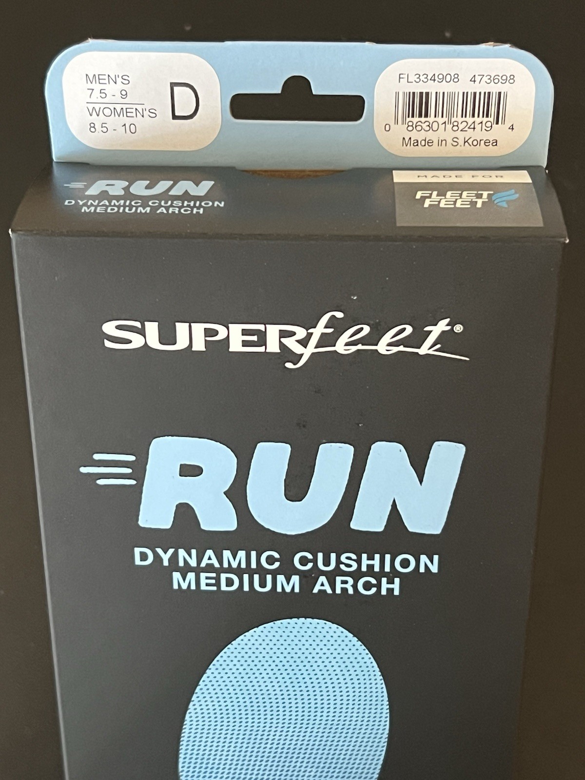 Used New Superfeet RUN Medium Arch Size D Blue Men's 7.5-9/ Women 8.5-10