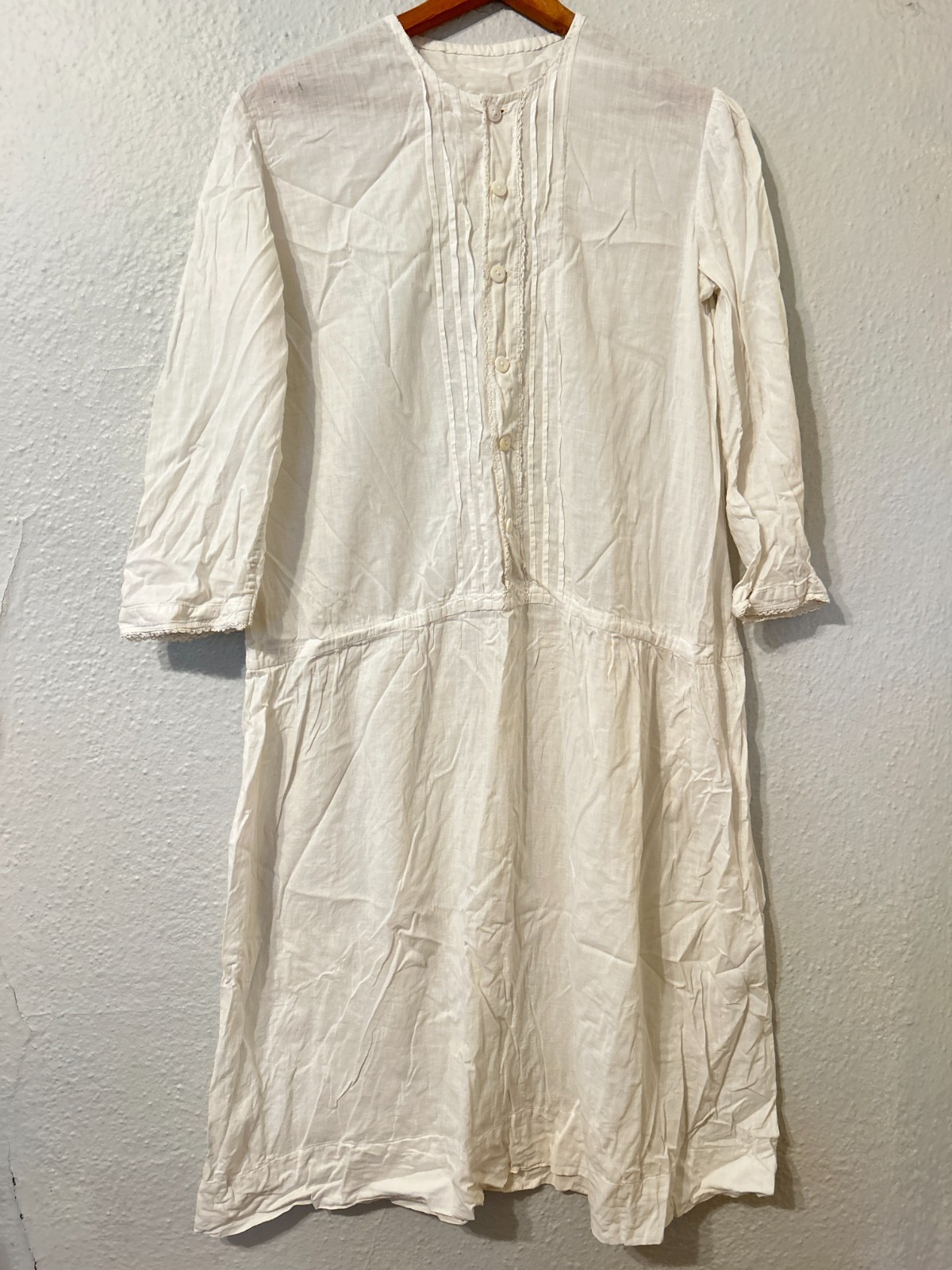 Antique Vtg 1920s 1930s Womens Sz XL White Cotton Nightgown Slip Day Dress