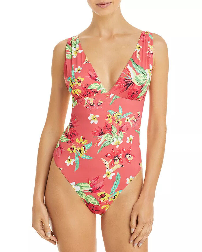 NWT  AQUA Swim Coral Ruched Printed One Piece Swimsuit Small yno1323