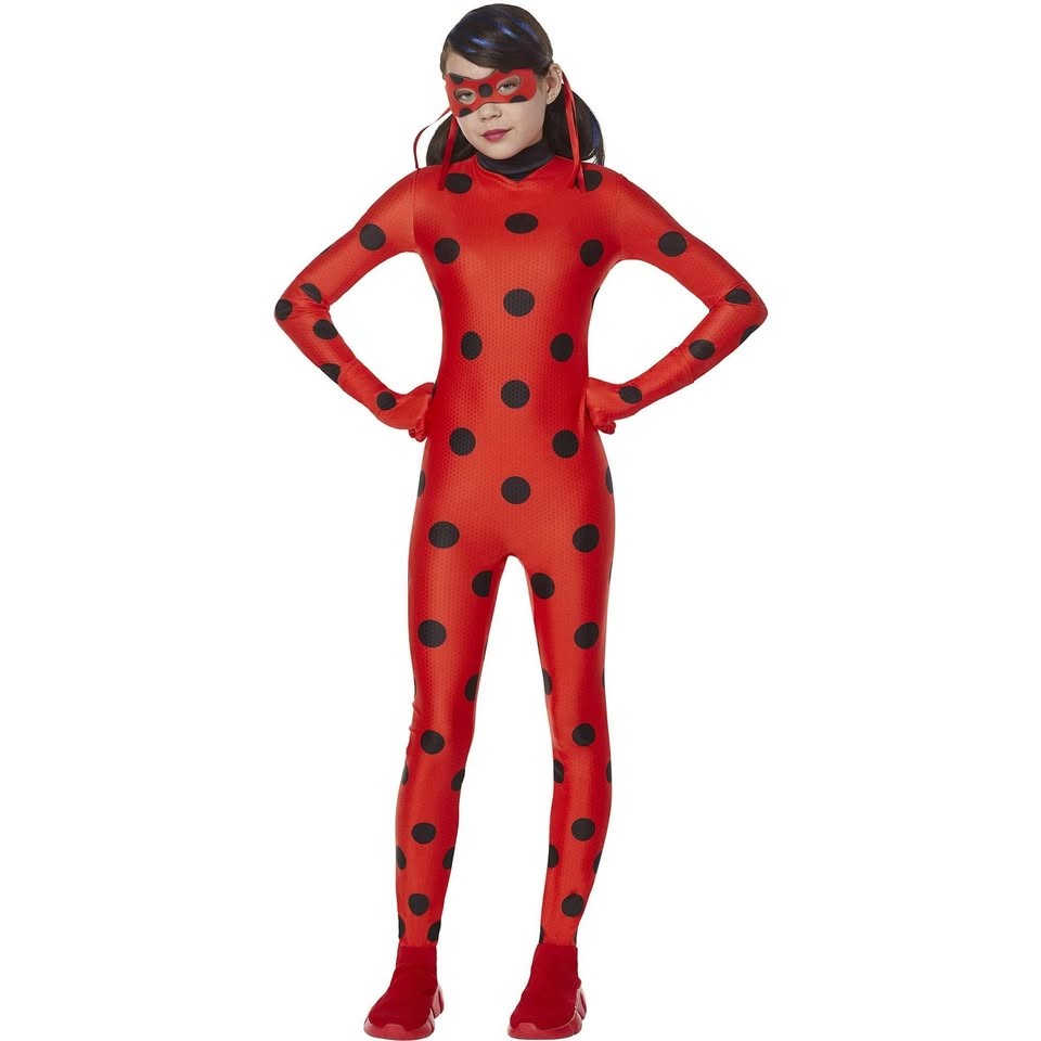 Miraculous Ladybug Girls Costume M 7/8 Jumpsuit Gloves Mask Hair Bands NEW NWT
