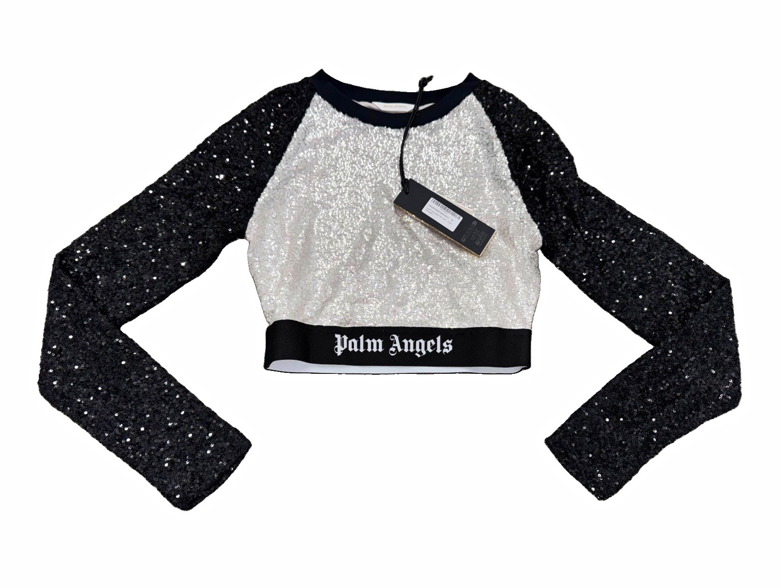 Palm Angels Classic Logo Sequin Crop Top Long Sleeve Silver Black M SS25 NWT