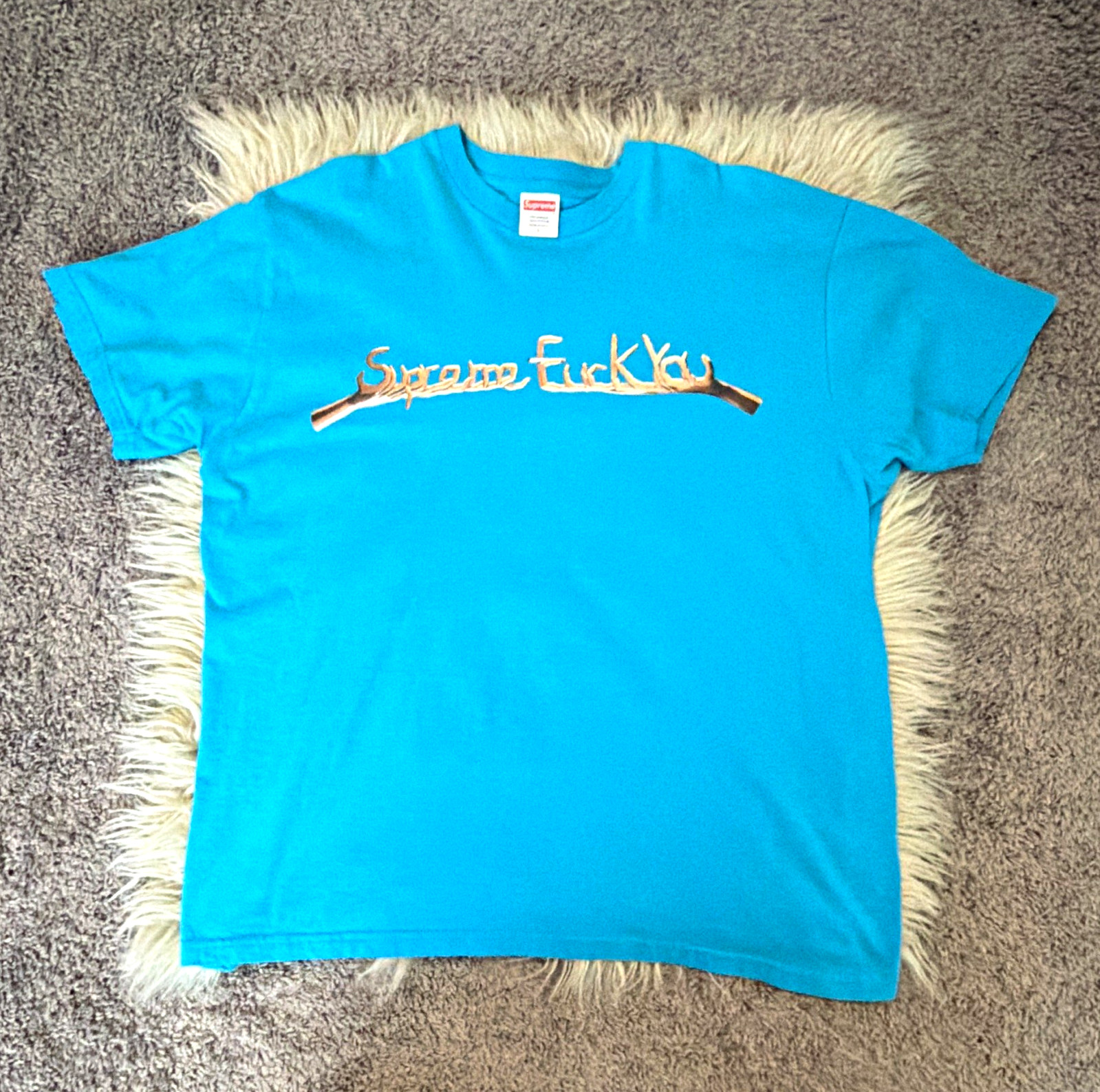 Supreme Men\'s L Blue Graphic Logo Cotton Jersey Crew Neck Preshrunk Tee SS
