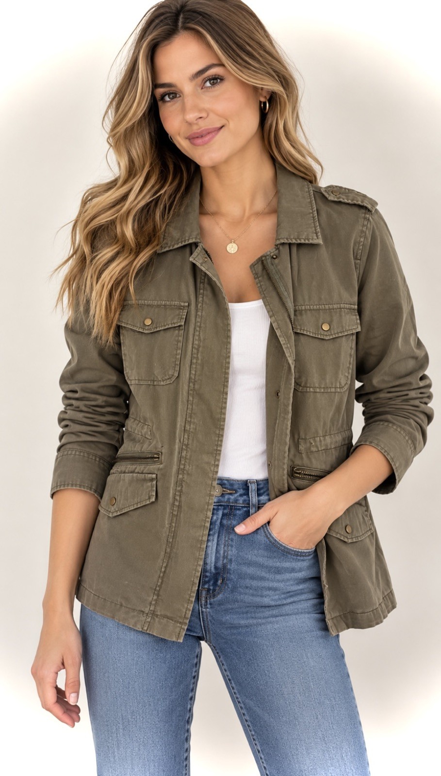 Velvet Lily Aldridge Olive Green Military Utility Jacket Cinch Waist Women\'s S