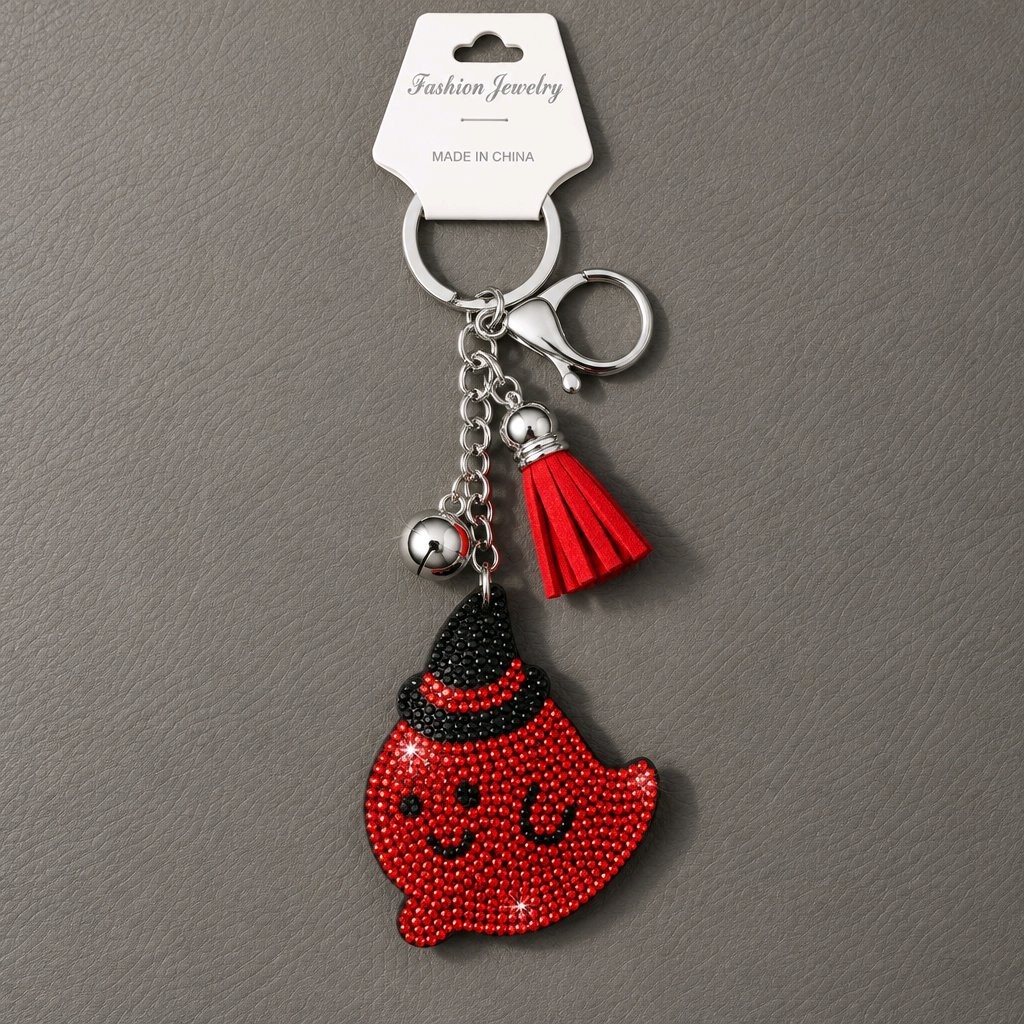Halloween Ghost Rhinestone Keychain Puffy Bag Charm Witch Hat Tassel Red Bling