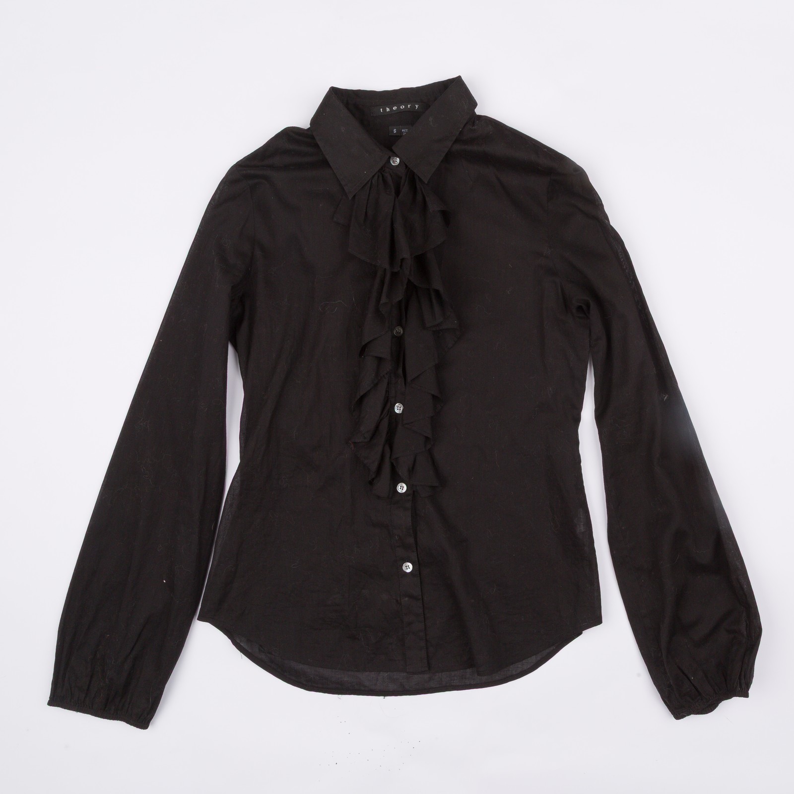 Vintage Theory Ruffle Front Blouse Black Button Up Long Sleeve Womens Size S
